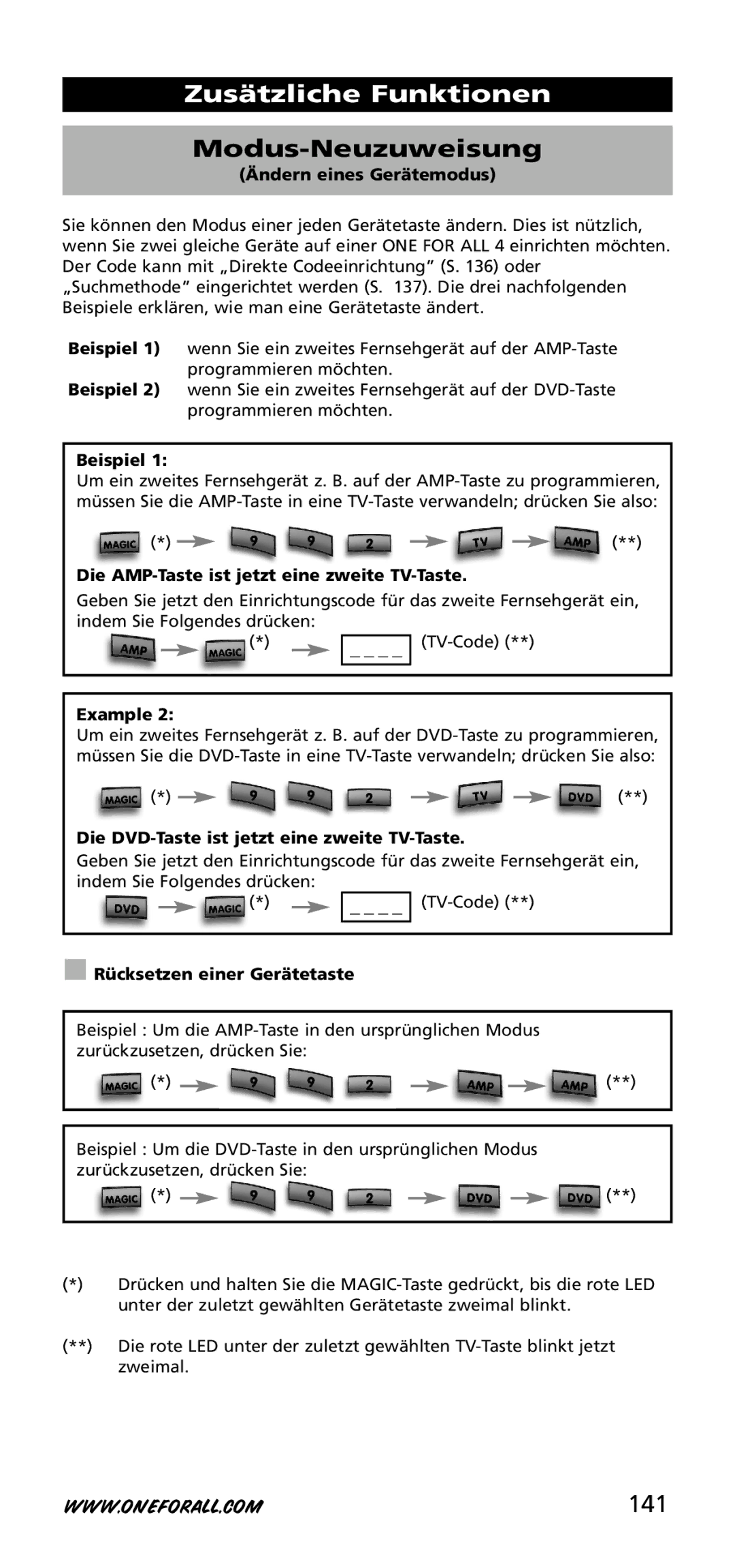 One for All URC-3740 instruction manual Zusätzliche Funktionen, Modus-Neuzuweisung, 141 