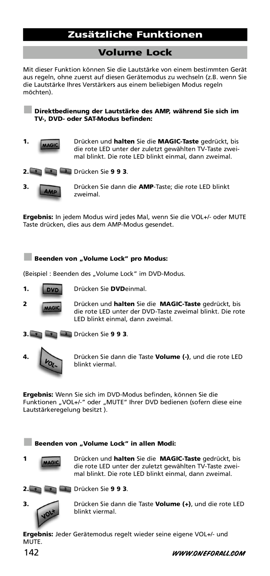 One for All URC-3740 instruction manual 142, Beenden von „Volume Lock pro Modus, Beenden von „Volume Lock in allen Modi 