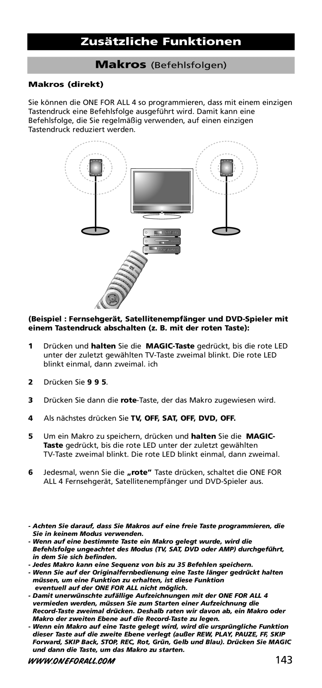 One for All URC-3740 instruction manual 143, Makros direkt, Als nächstes drücken Sie TV, OFF, SAT, OFF, DVD, OFF 