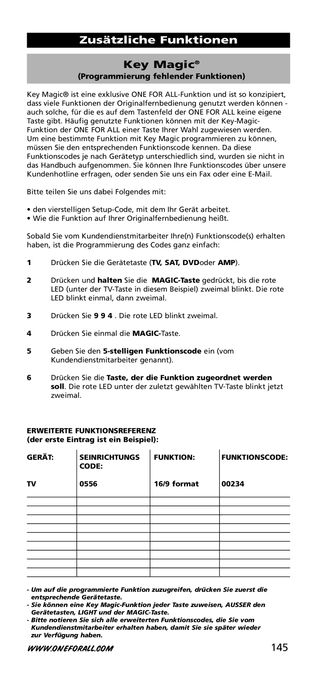 One for All URC-3740 instruction manual 145, Gerät Seinrichtungs Funktion Code, Funktionscode 