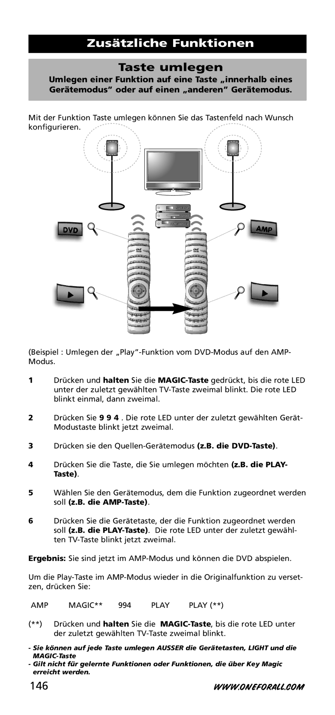 One for All URC-3740 instruction manual Taste umlegen, 146 