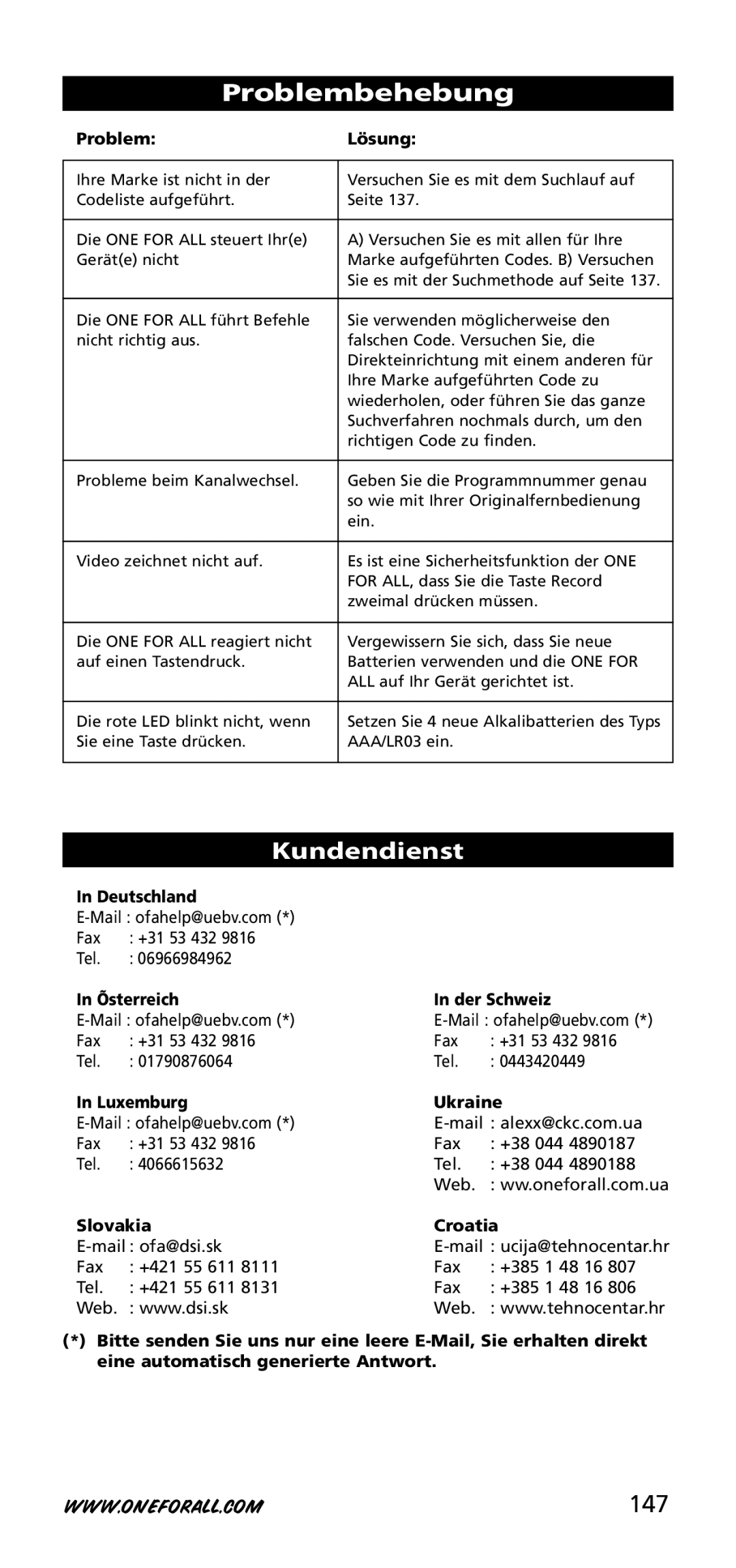 One for All URC-3740 instruction manual Problembehebung, Kundendienst, 147 