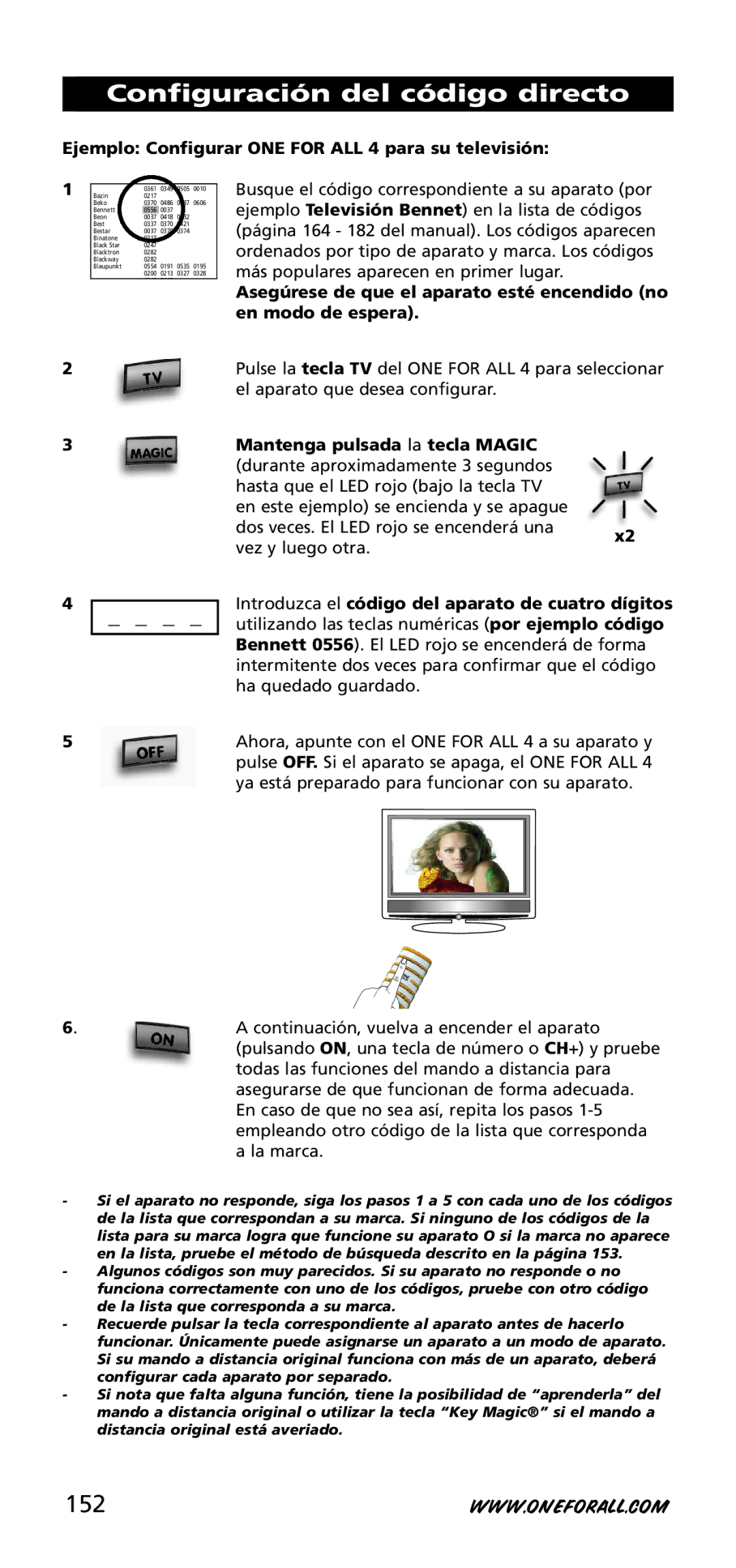 One for All URC-3740 Configuración del código directo, 152, Ejemplo Configurar ONE for ALL 4 para su televisión 