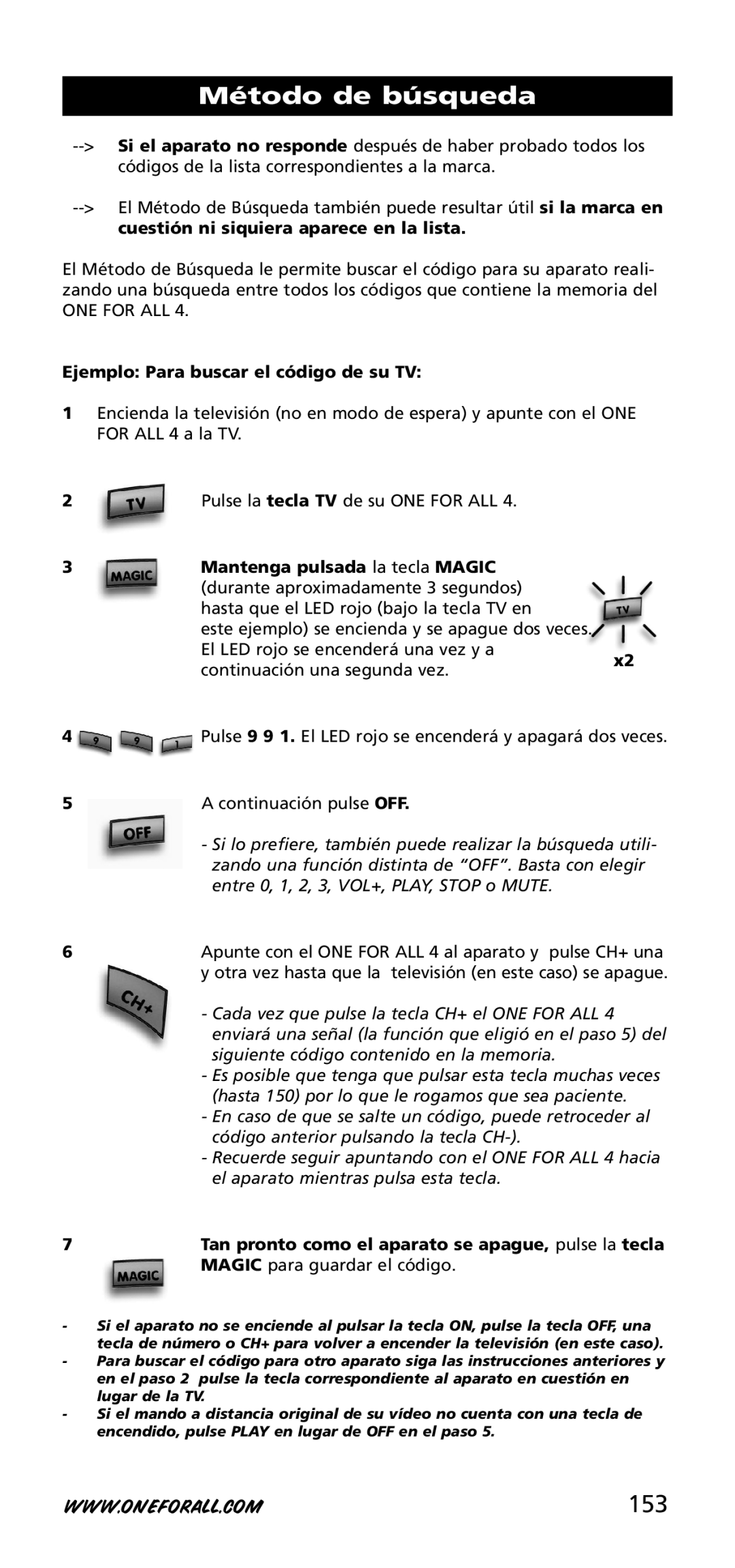 One for All URC-3740 instruction manual Método de búsqueda, 153, Ejemplo Para buscar el código de su TV 