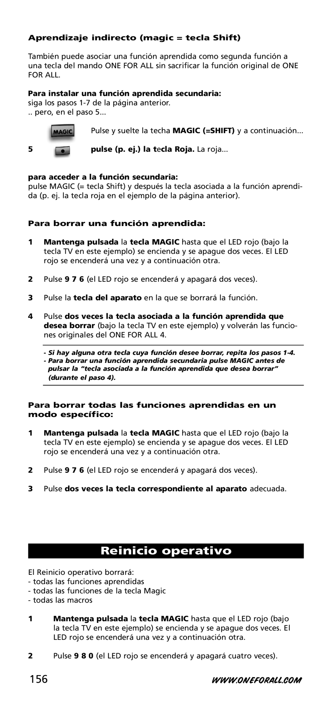 One for All URC-3740 instruction manual Reinicio operativo, 156 