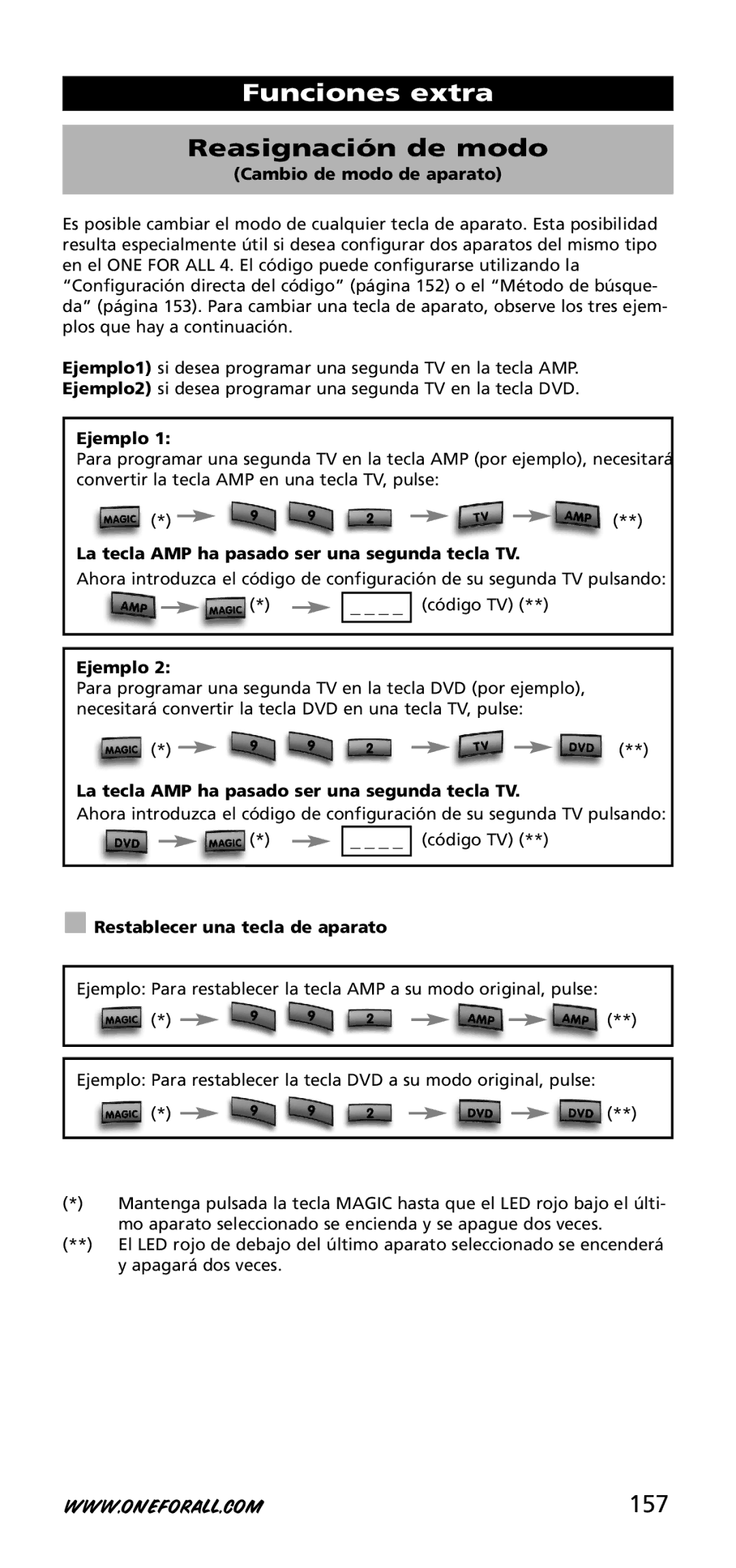 One for All URC-3740 instruction manual Funciones extra, Reasignación de modo, 157 