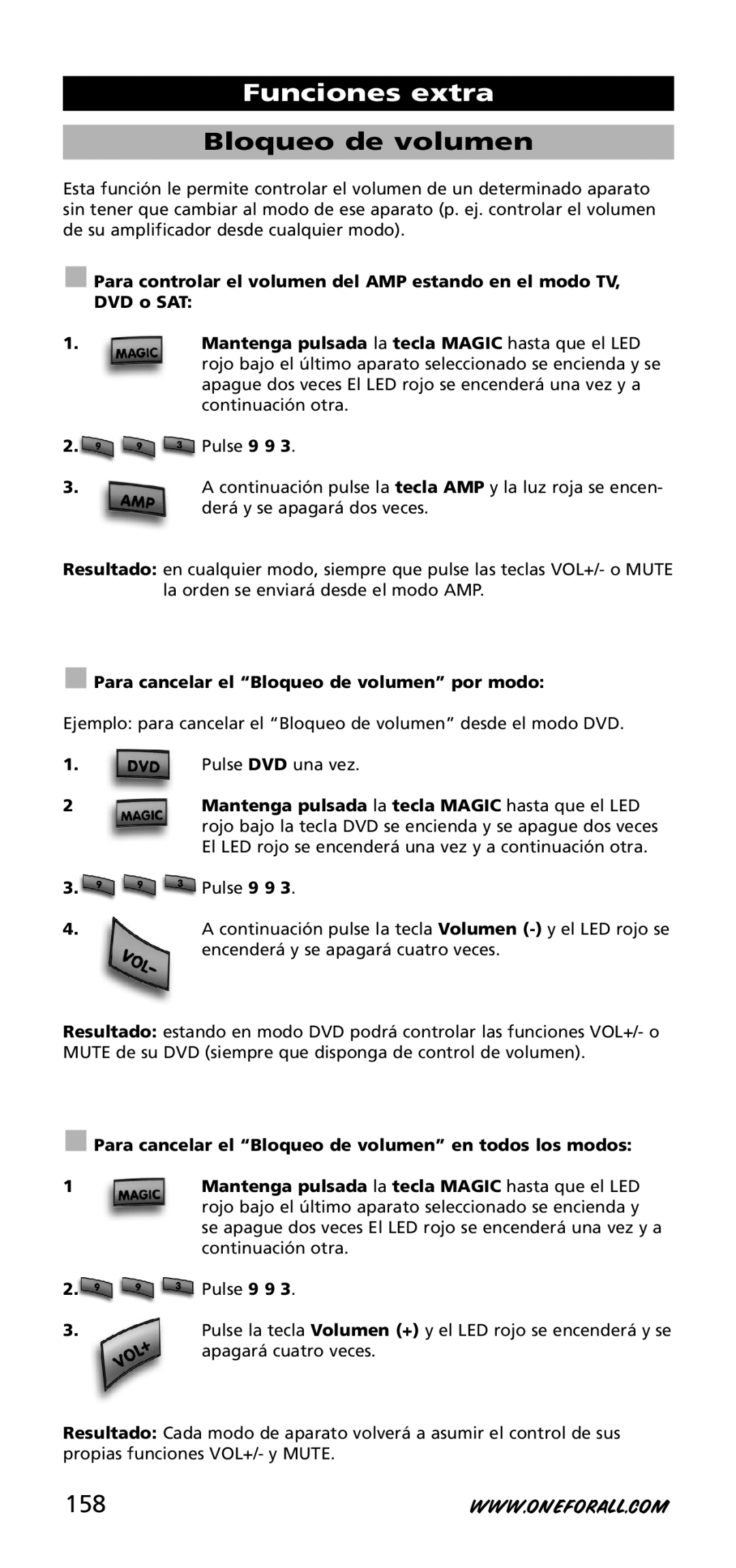 One for All URC-3740 instruction manual 158, Para cancelar el Bloqueo de volumen por modo 