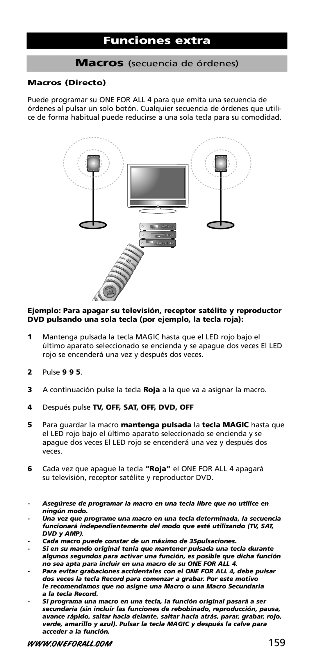 One for All URC-3740 instruction manual 159, Macros Directo, Después pulse TV, OFF, SAT, OFF, DVD, OFF 