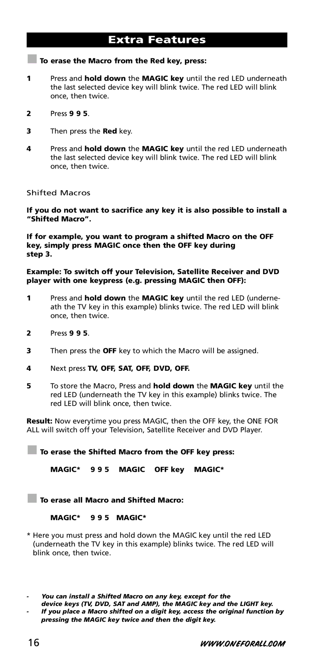 One for All URC-3740 To erase the Macro from the Red key, press, To erase the Shifted Macro from the OFF key press, Magic 