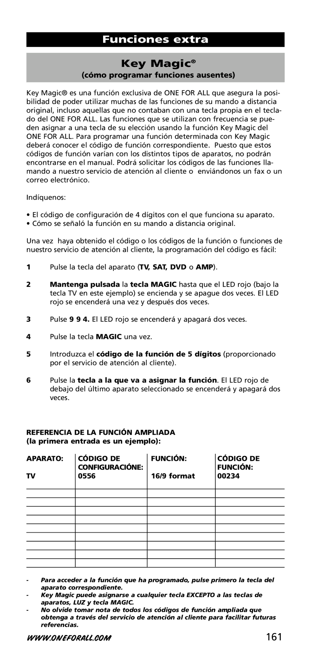 One for All URC-3740 instruction manual 161, Aparato Código DE Función Configuracióne 