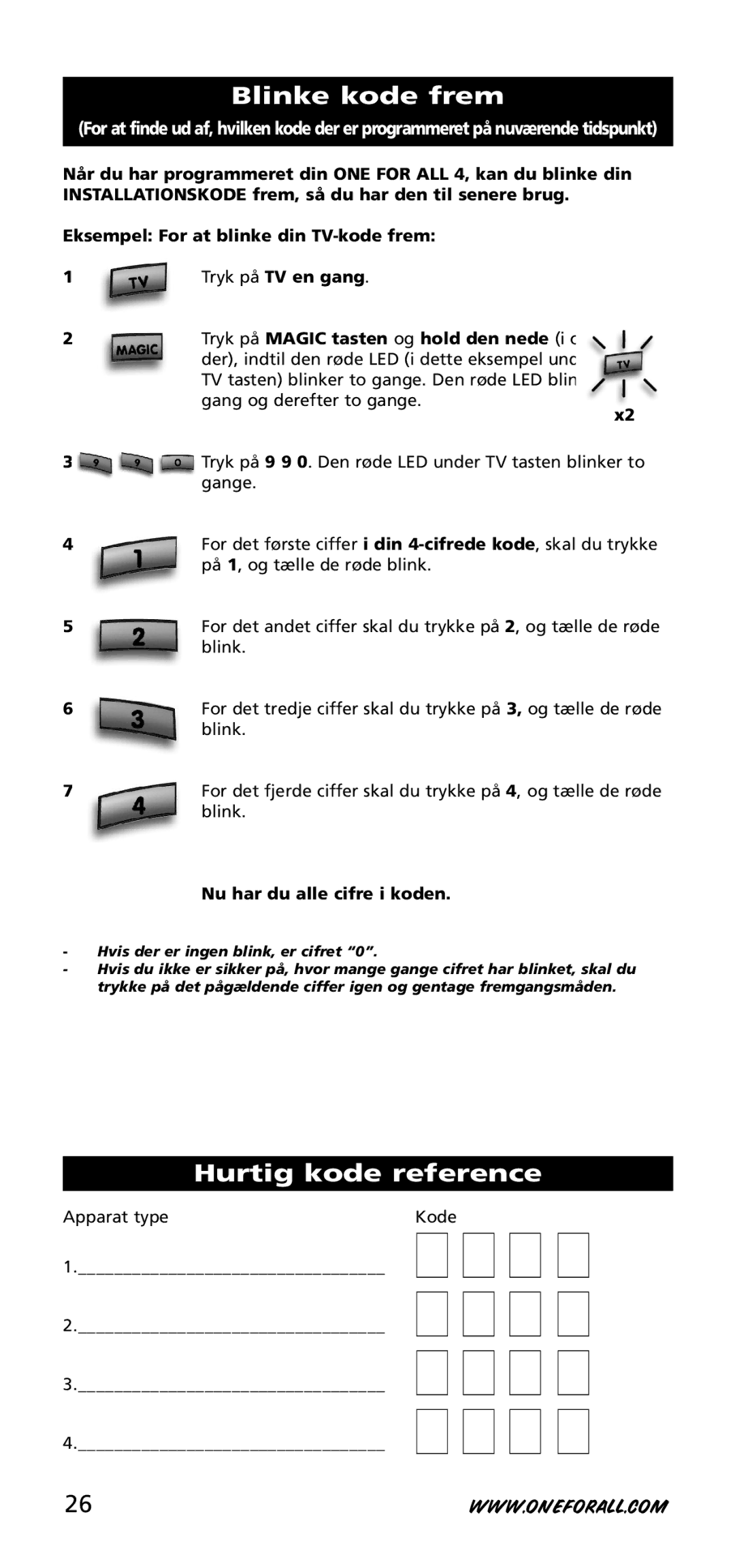 One for All URC-3740 instruction manual Blinke kode frem, Hurtig kode reference, Nu har du alle cifre i koden 