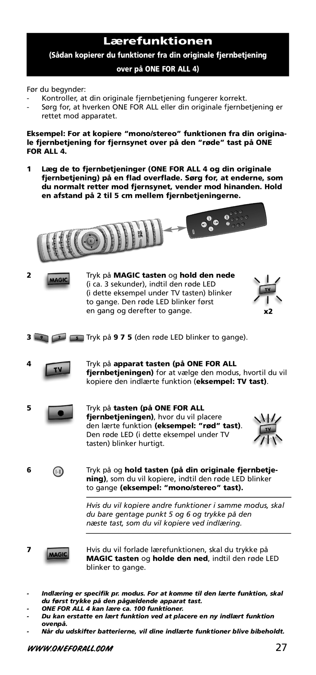 One for All URC-3740 instruction manual Lærefunktionen 