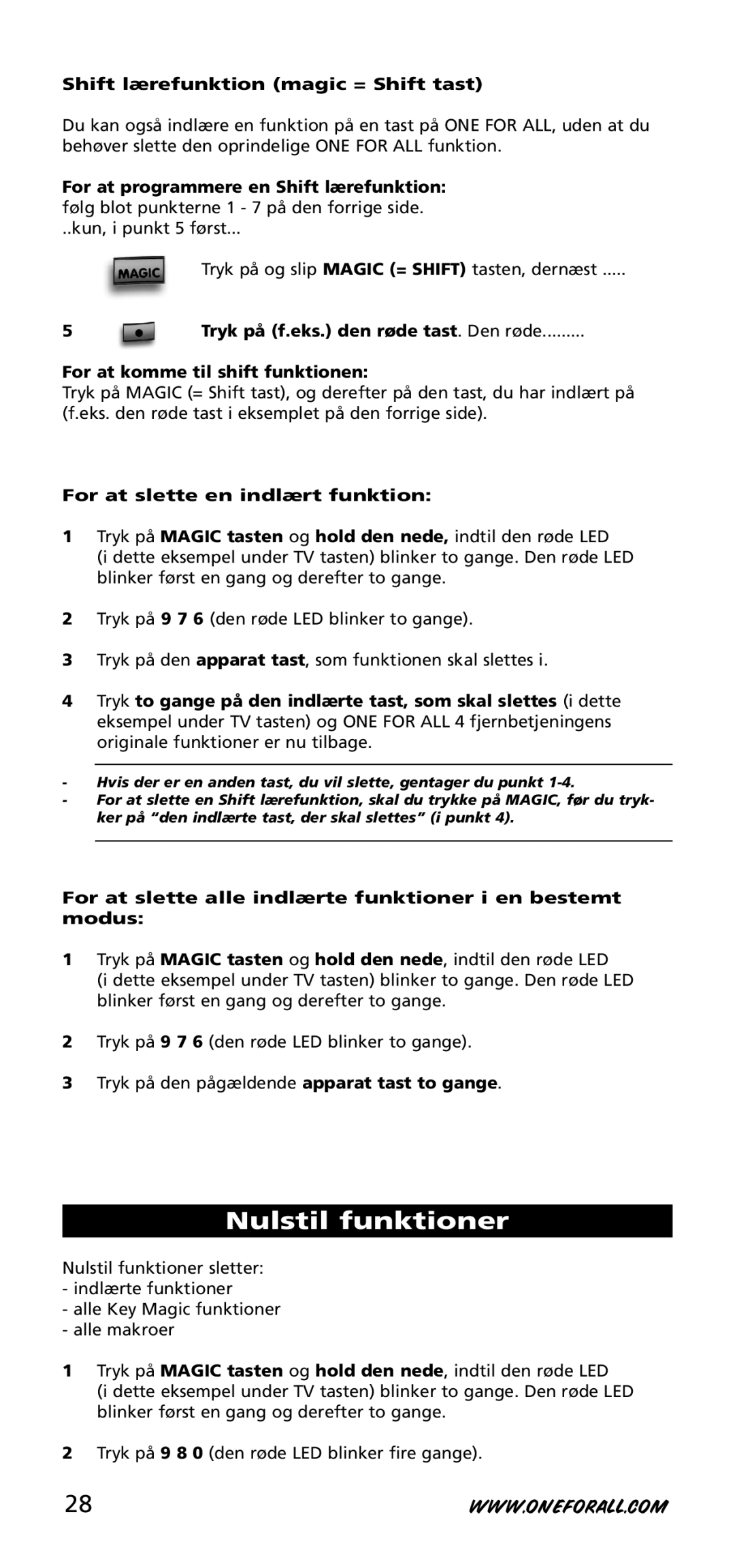 One for All URC-3740 instruction manual Nulstil funktioner 