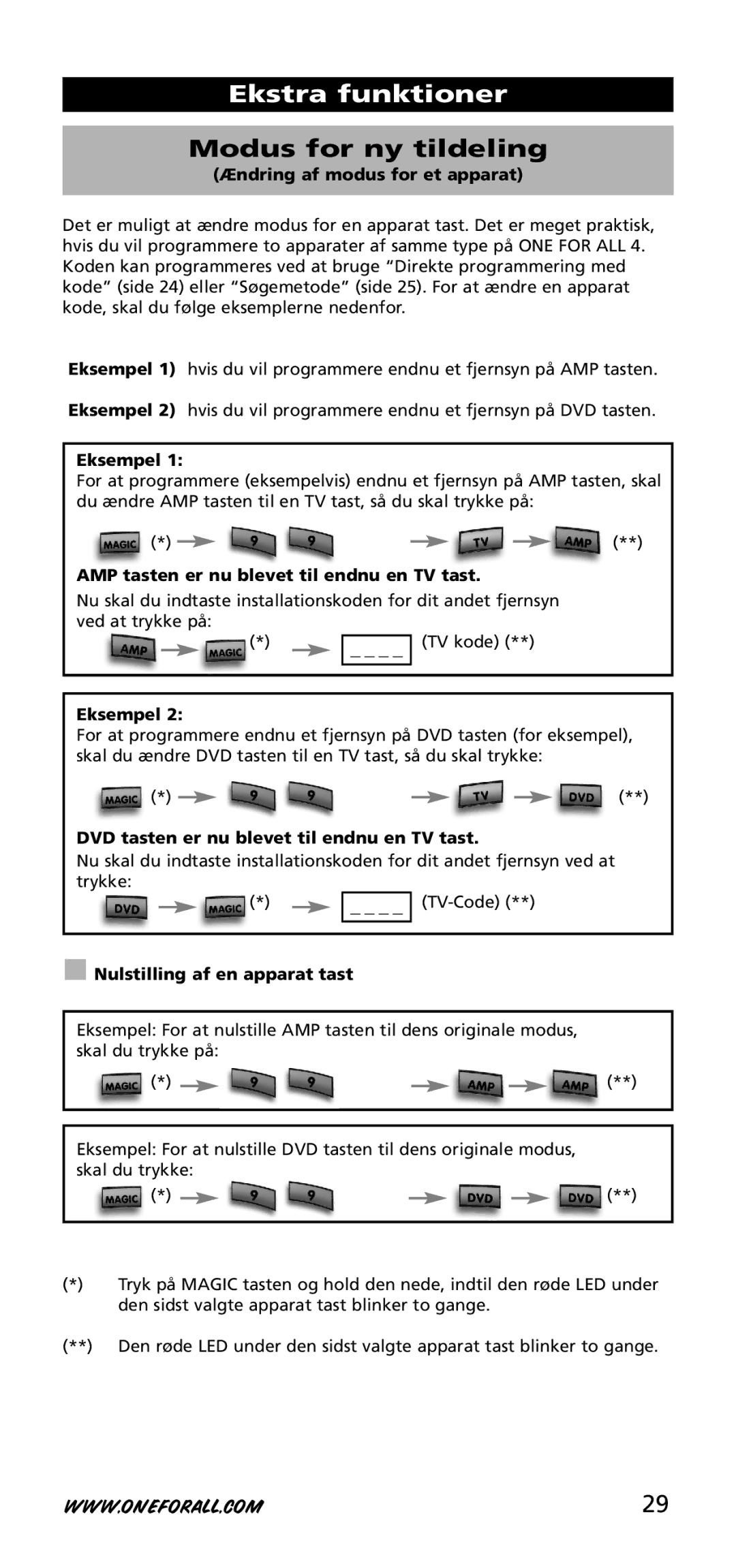 One for All URC-3740 instruction manual Ekstra funktioner, Modus for ny tildeling 