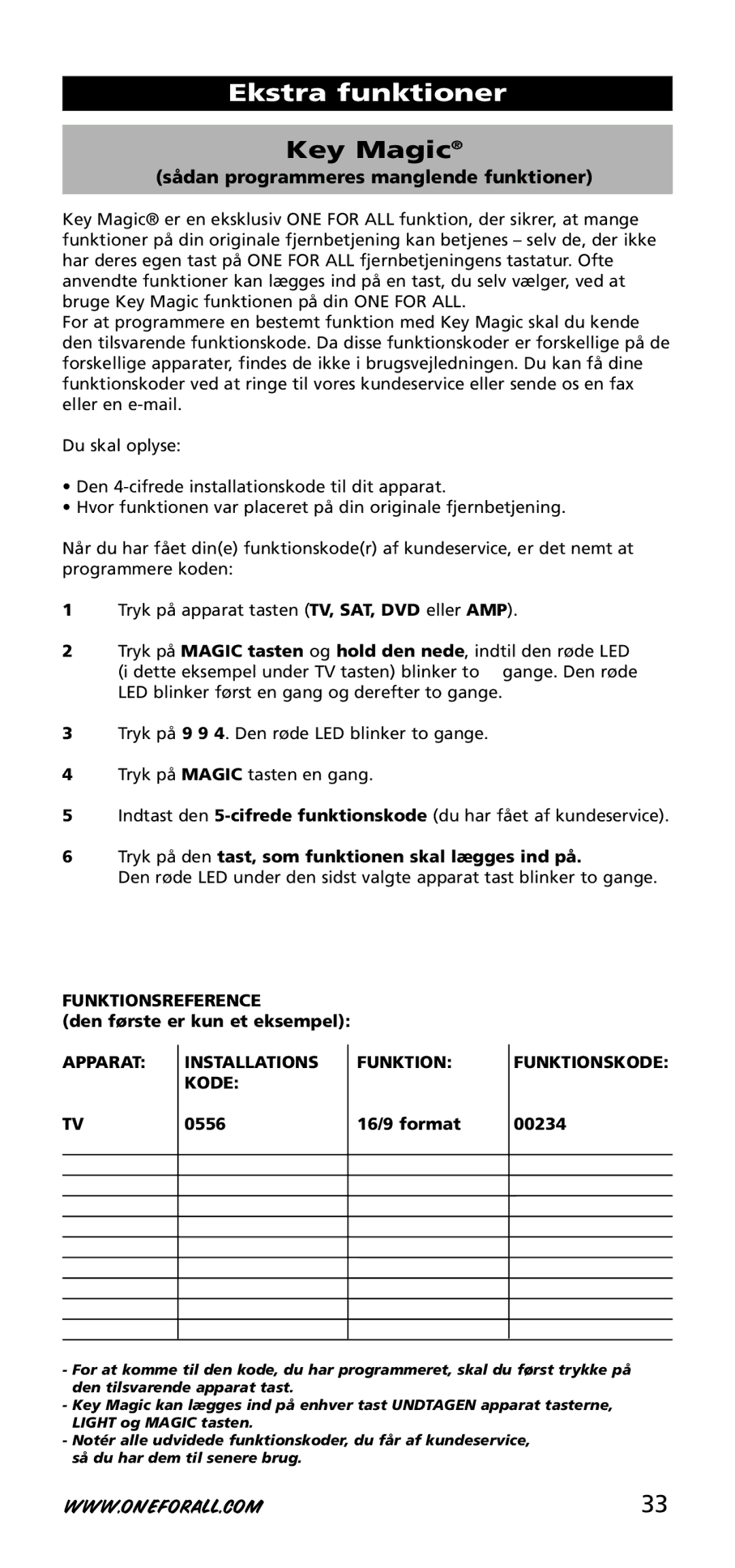 One for All URC-3740 Tryk på den tast, som funktionen skal lægges ind på, Funktionsreference, 0556 16/9 format 00234 