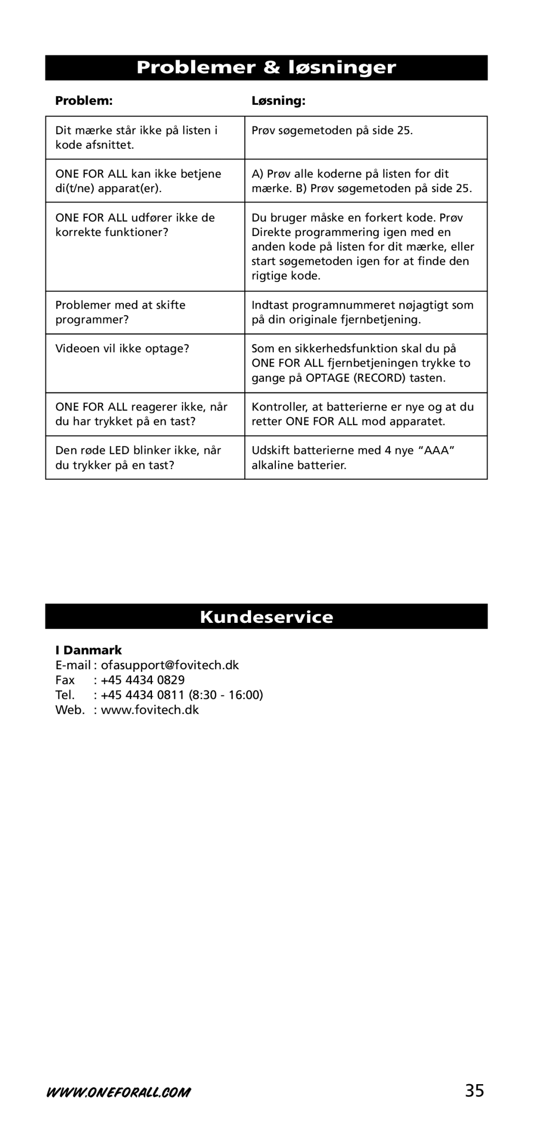 One for All URC-3740 instruction manual Problemer & løsninger, Kundeservice, Problem Løsning, Danmark 