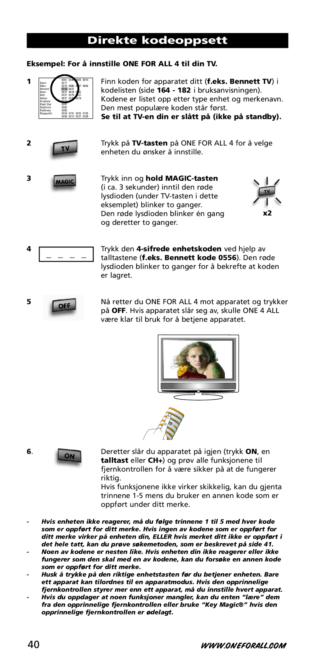 One for All URC-3740 instruction manual Direkte kodeoppsett, Eksempel For å innstille ONE for ALL 4 til din TV 