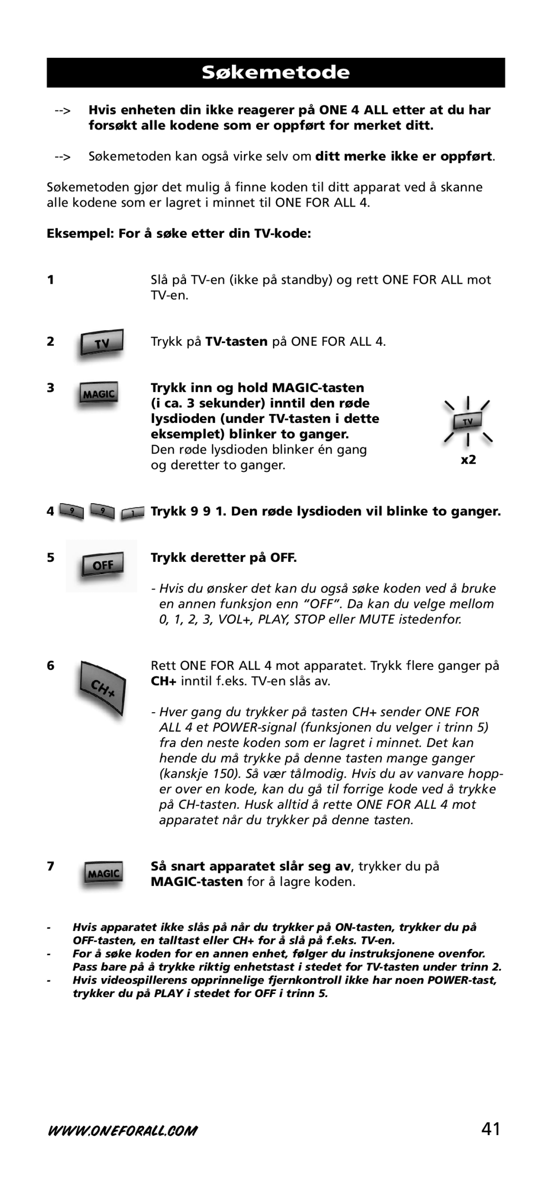 One for All URC-3740 instruction manual Søkemetode, Eksempel For å søke etter din TV-kode 