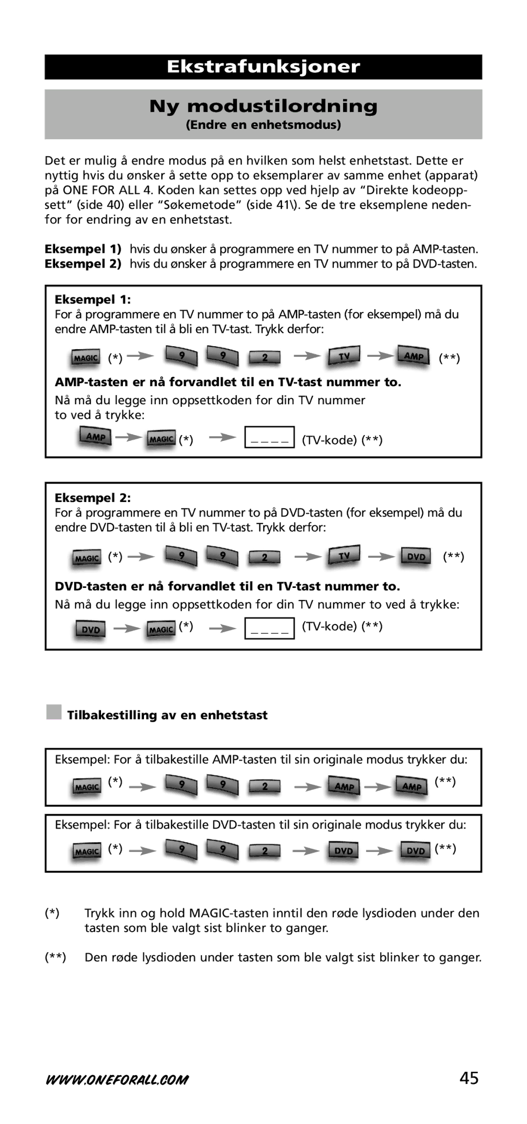 One for All URC-3740 instruction manual Ekstrafunksjoner, Ny modustilordning 