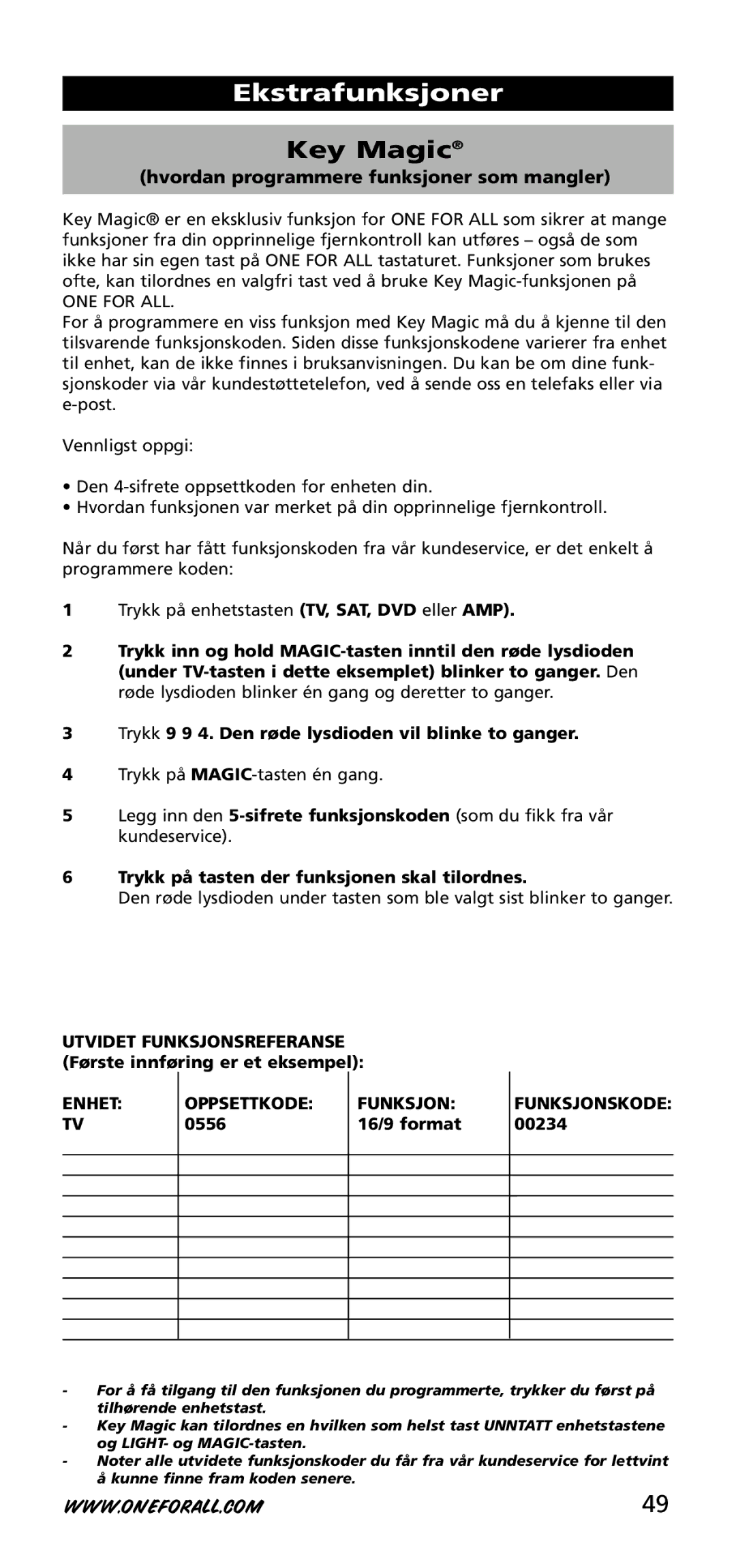 One for All URC-3740 ONE for ALL, Trykk på tasten der funksjonen skal tilordnes, Enhet Oppsettkode Funksjon, Funksjonskode 