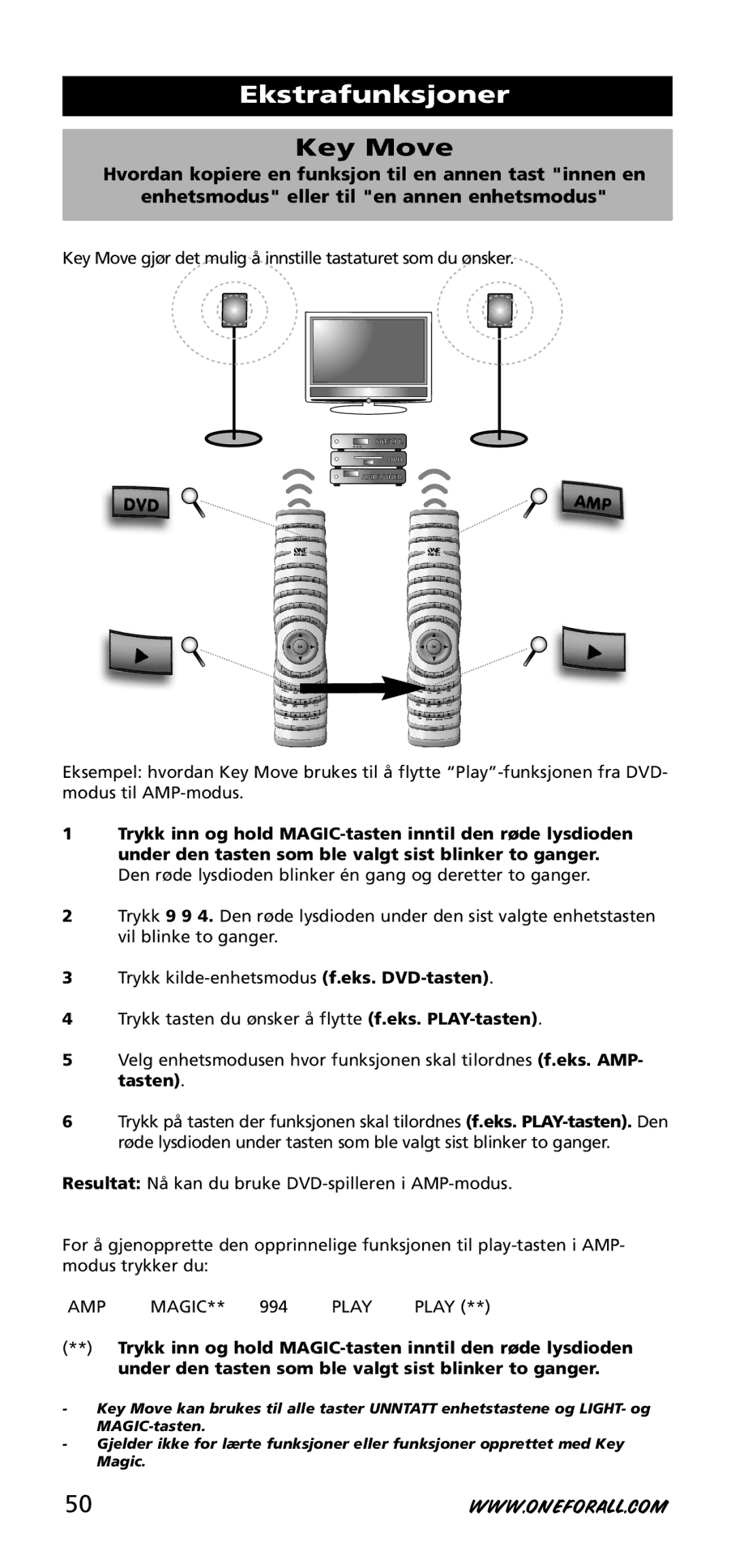 One for All URC-3740 instruction manual Key Move gjør det mulig å innstille tastaturetsom du ønsker 