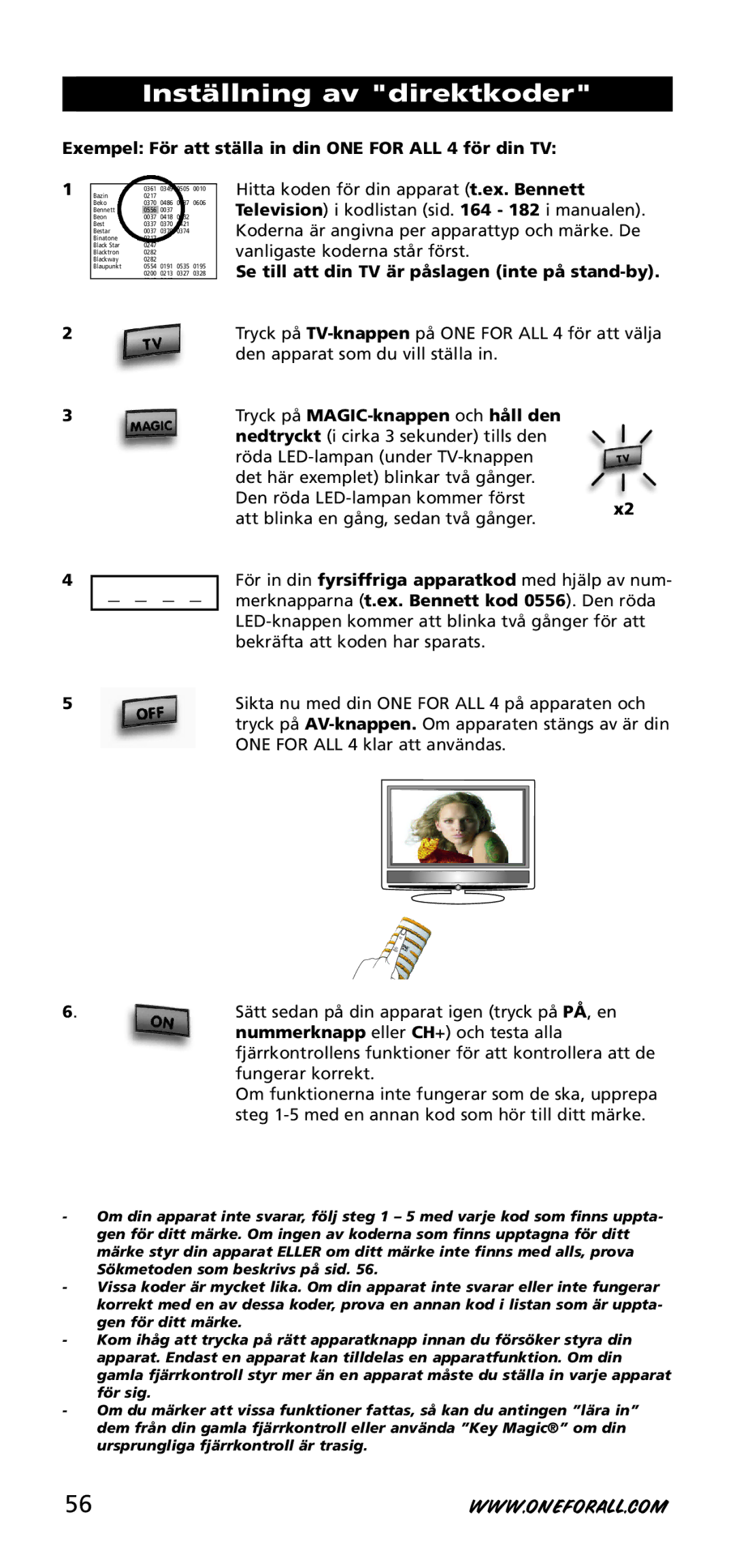 One for All URC-3740 instruction manual Inställning av direktkoder, Exempel För att ställa in din ONE for ALL 4 för din TV 