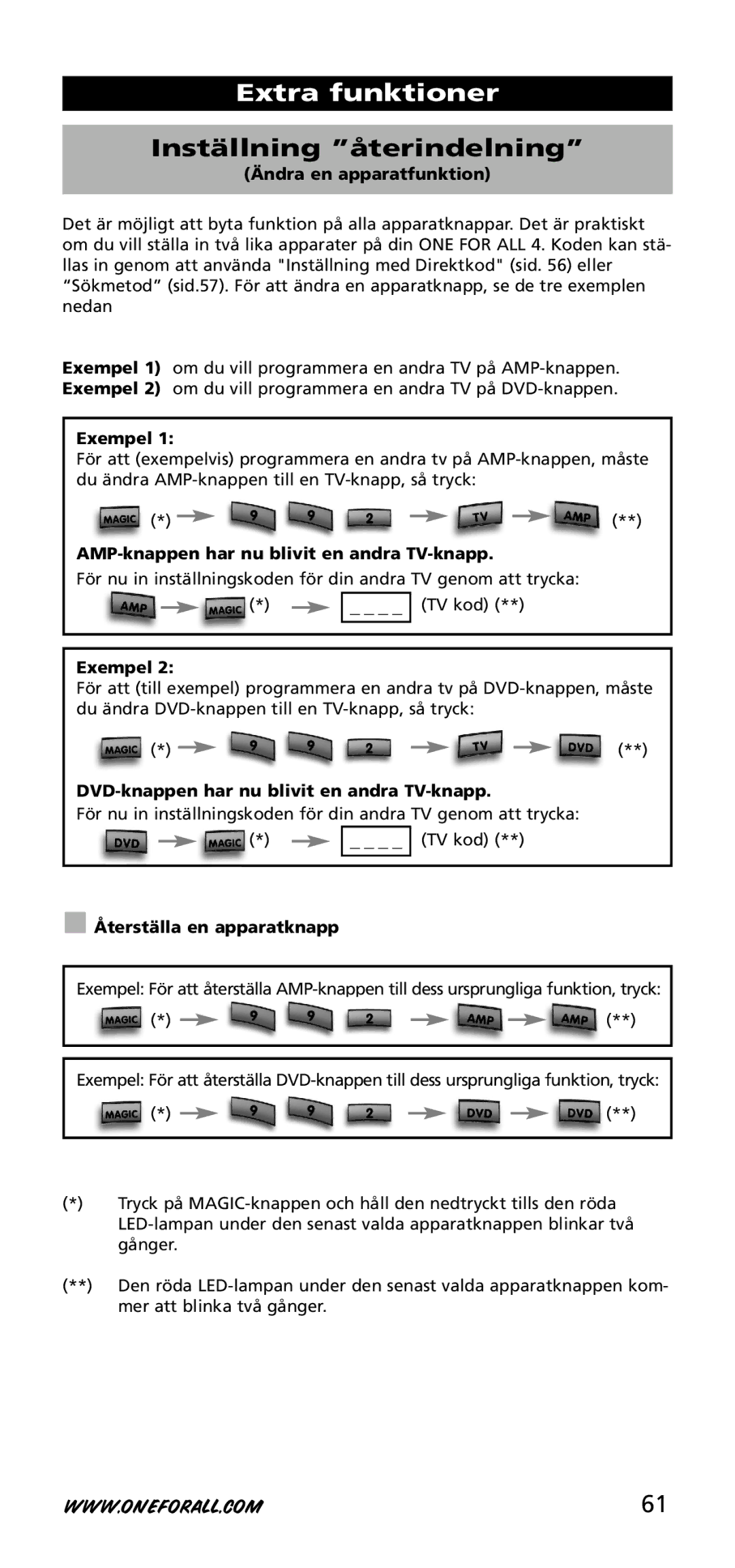 One for All URC-3740 instruction manual Extra funktioner, Inställning återindelning 