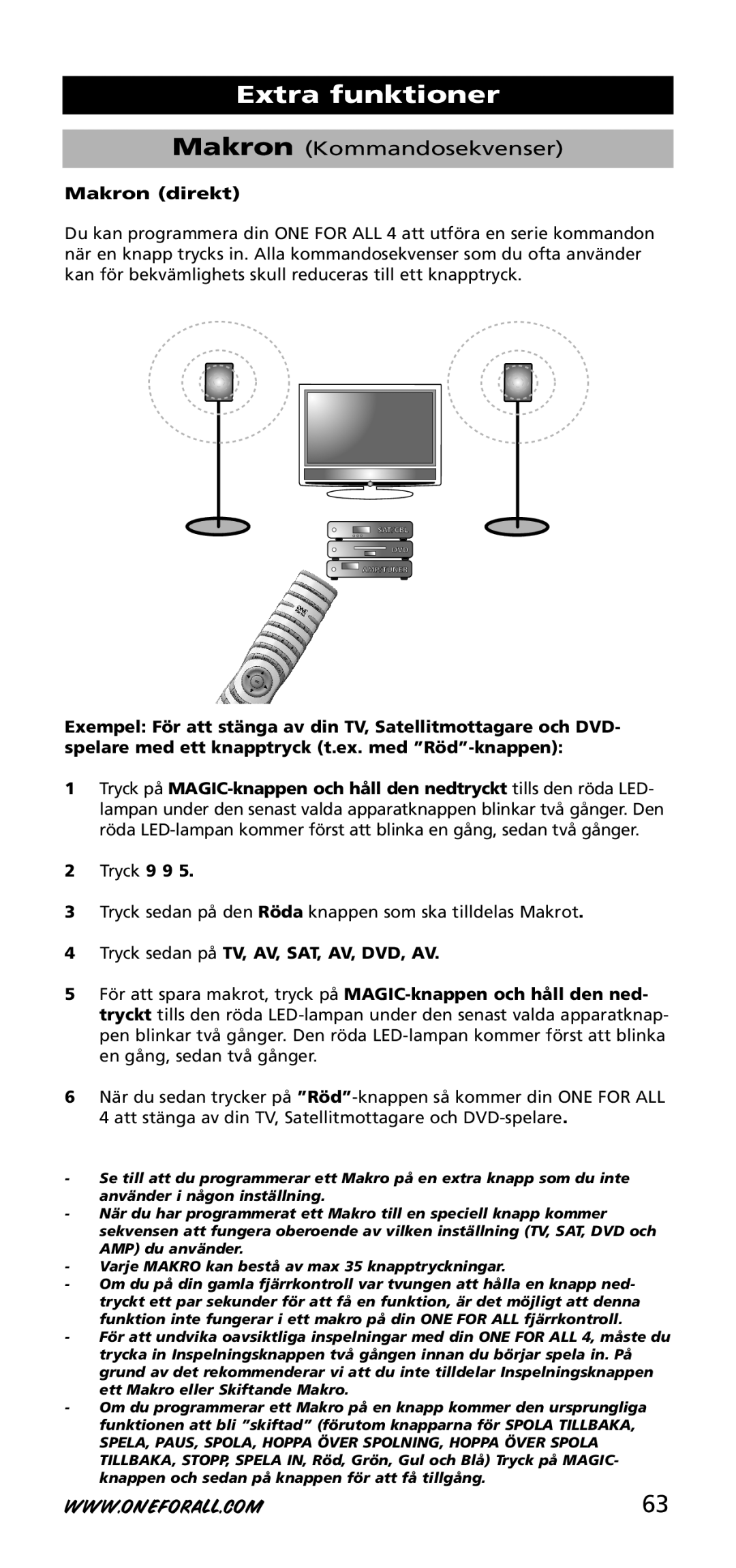 One for All URC-3740 instruction manual Makron Kommandosekvenser, Makron direkt 