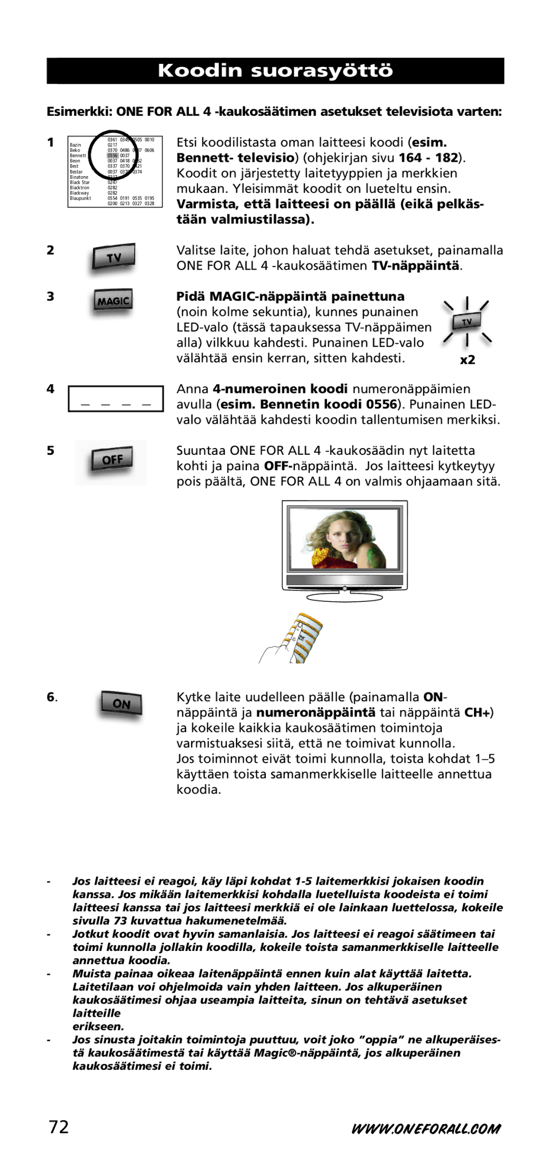 One for All URC-3740 instruction manual Koodin suorasyöttö, Pidä MAGIC-näppäintä painettuna 