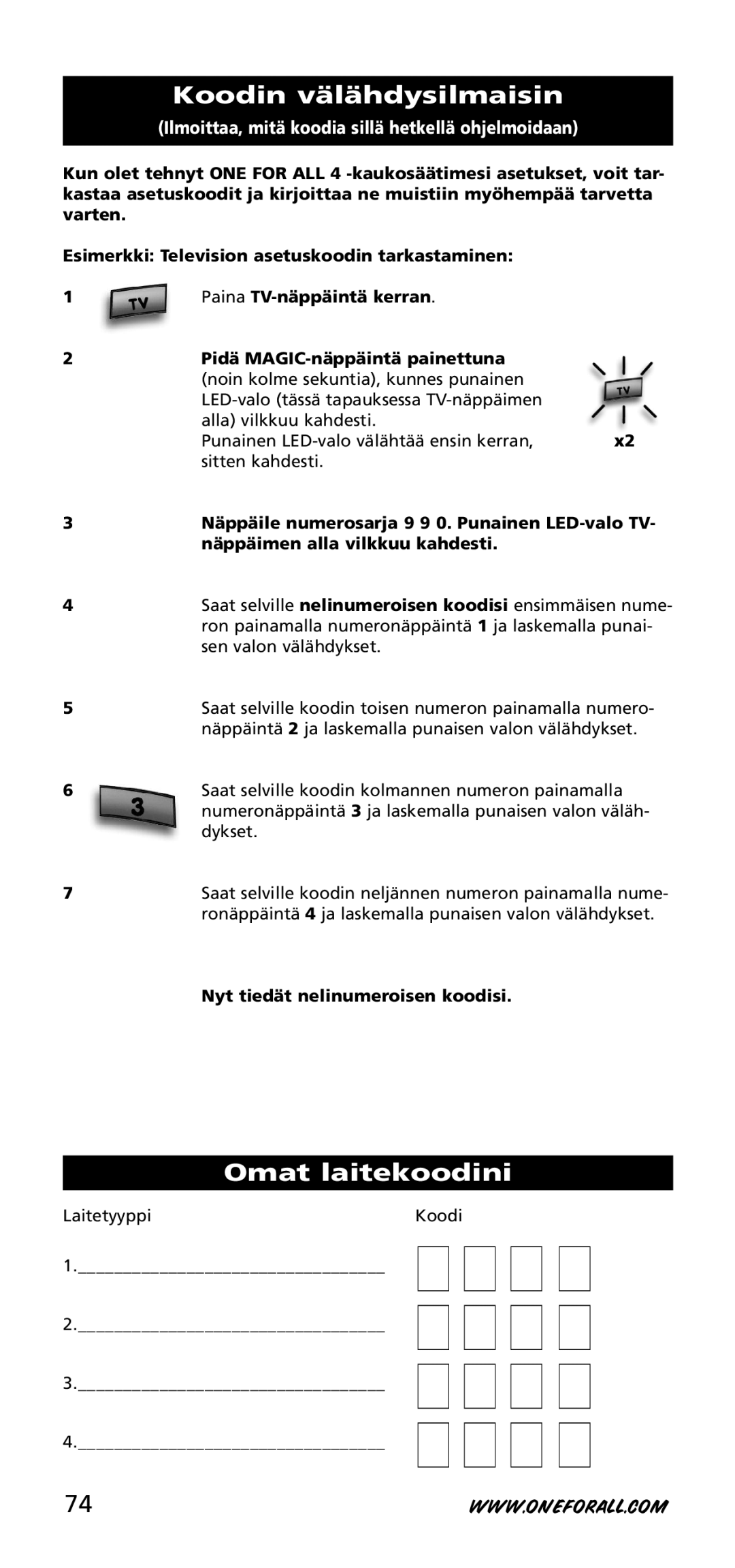 One for All URC-3740 instruction manual Koodin välähdysilmaisin, Omat laitekoodini, Nyt tiedät nelinumeroisen koodisi 