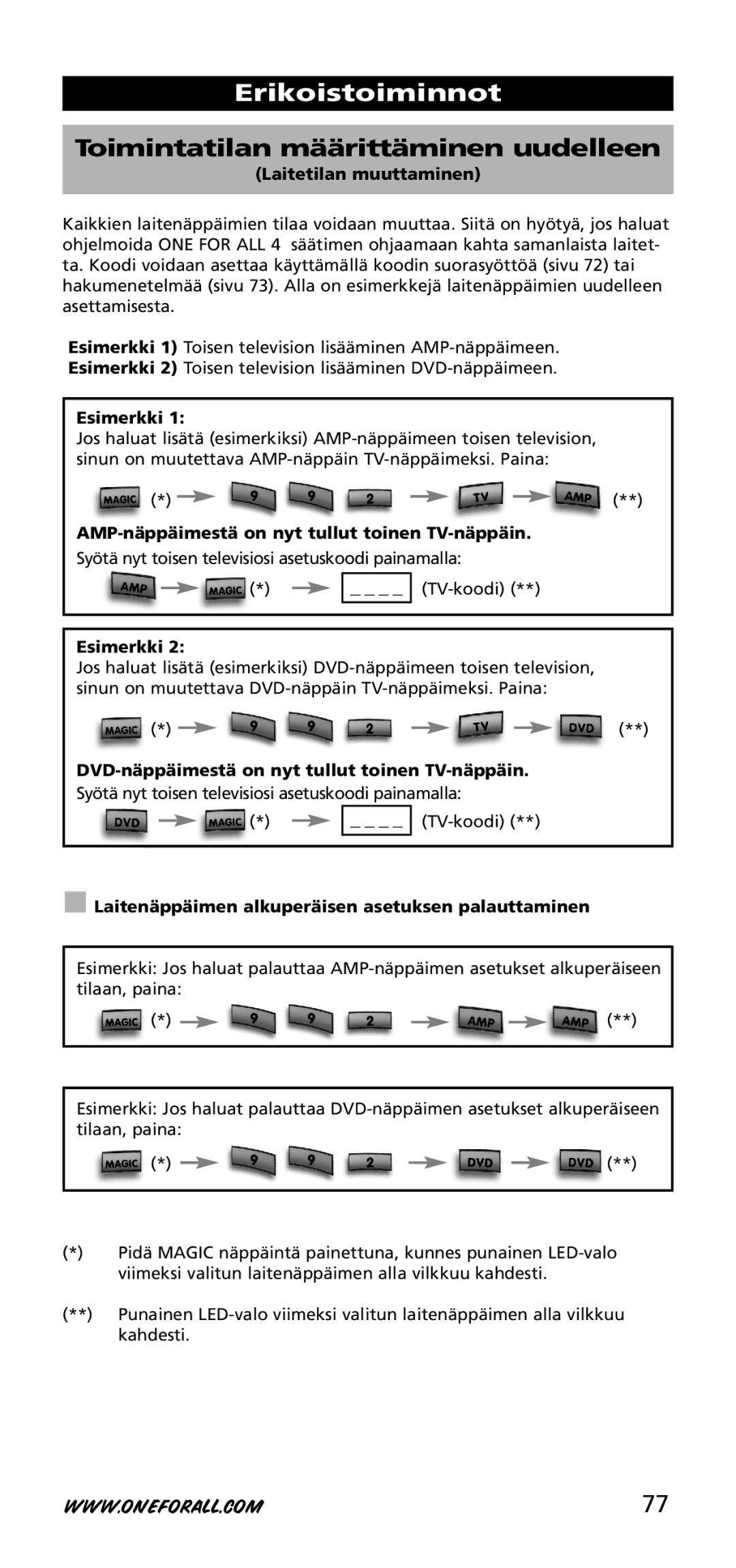 One for All URC-3740 instruction manual Erikoistoiminnot, Toimintatilan määrittäminen uudeleen 