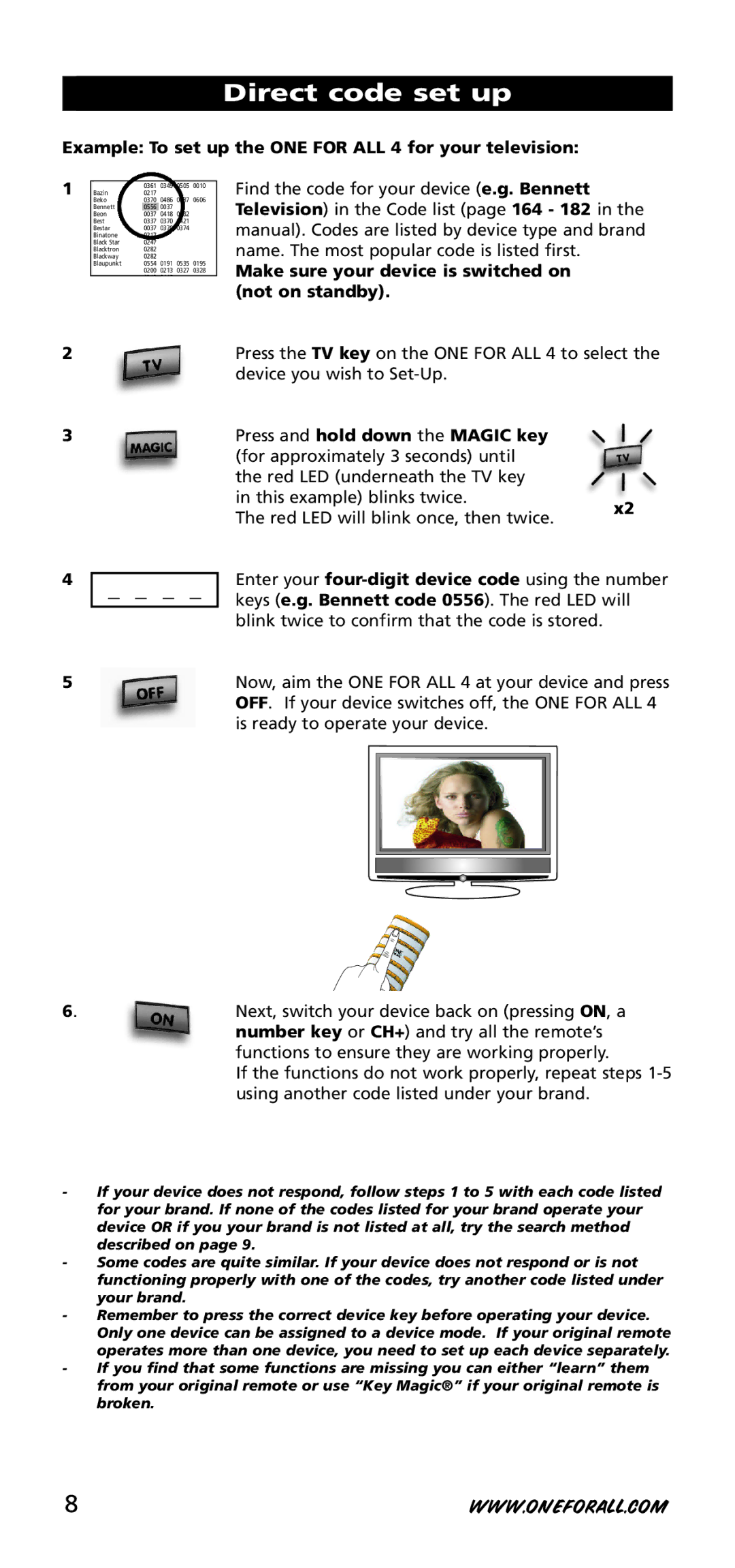 One for All URC-3740 instruction manual Direct code set up, Example To set up the ONE for ALL 4 for your television 