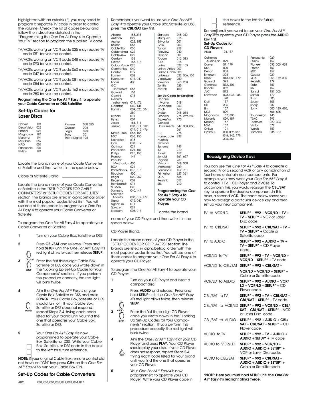 One for All URC-4063 user manual Set-Up Codes for Laser Discs, Set-Up Codes for Cable Converters, Reassigning Device Keys 