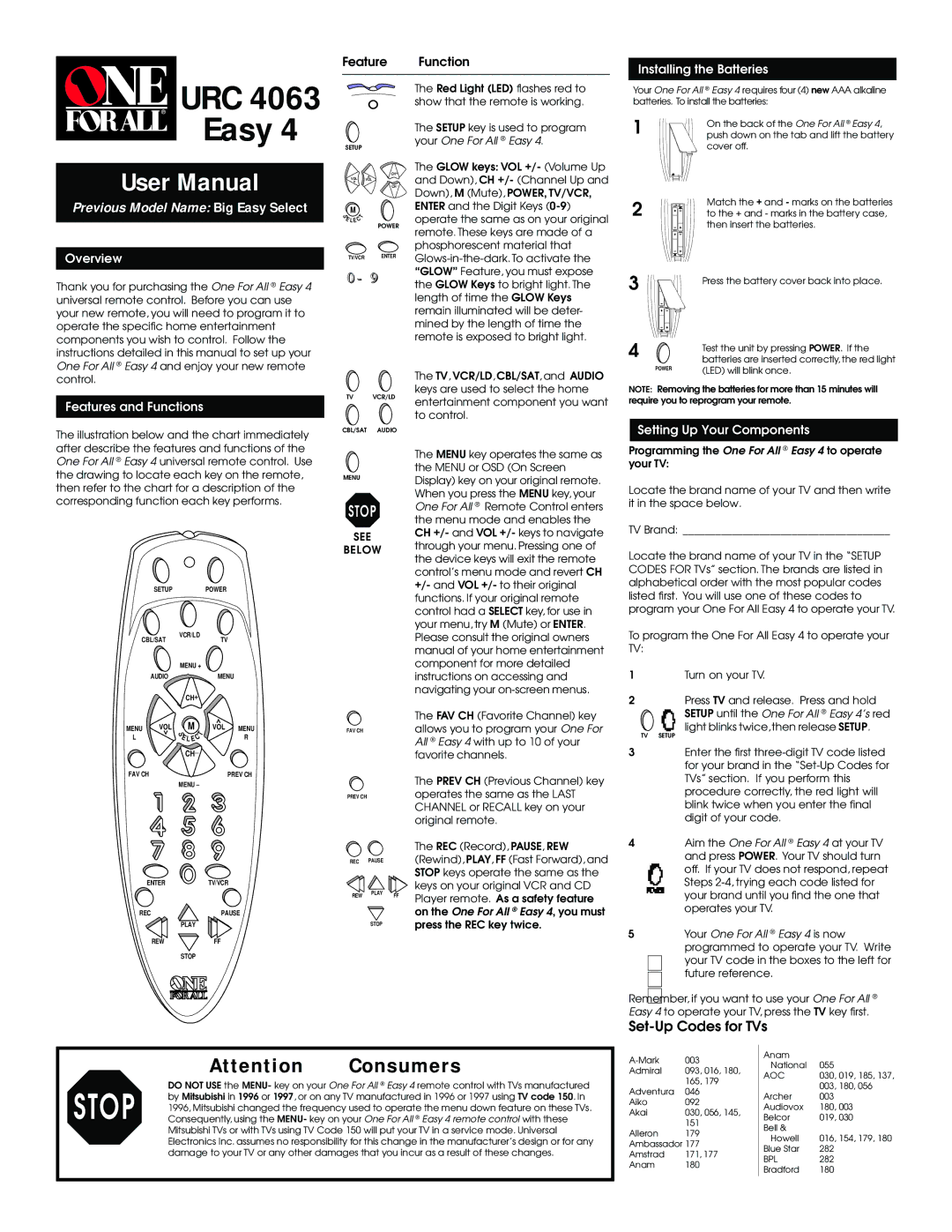 One for All URC 4063 user manual Set-Up Codes for TVs, Installing the Batteries, Overview, Features and Functions 