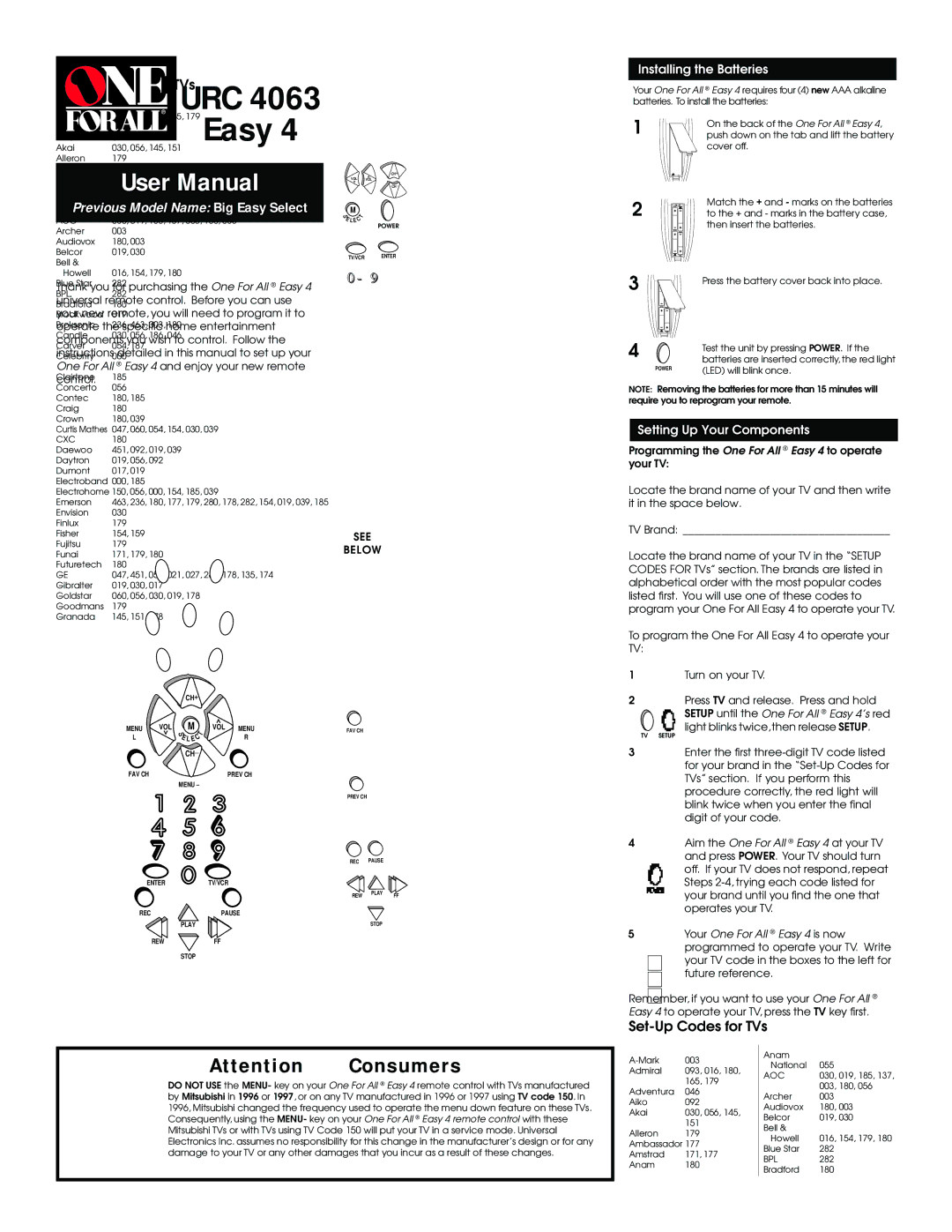 One for All URC 4063 user manual Set-Up Codes for VCRs 