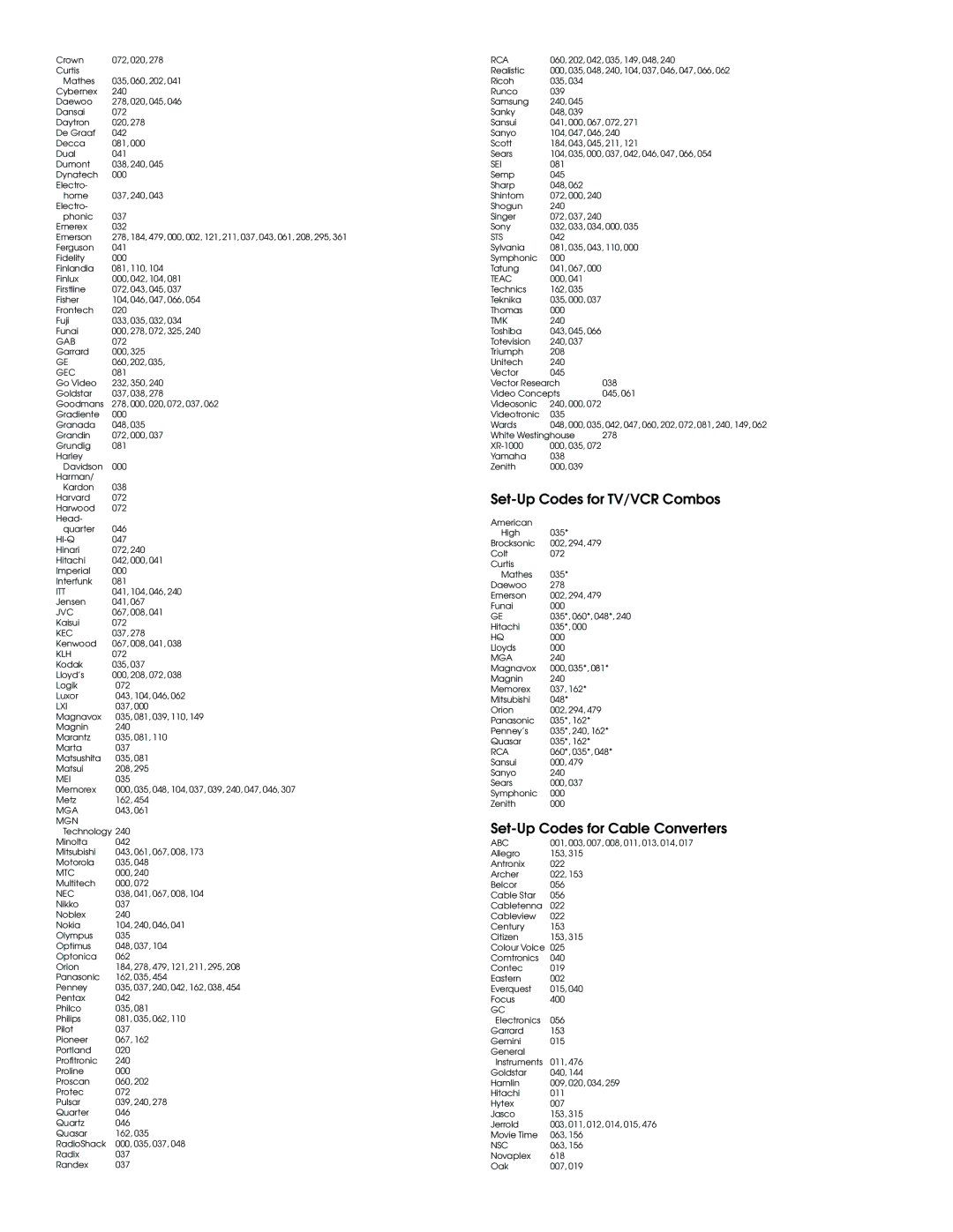 One for All URC 4063 user manual Set-Up Codes for TV/VCR Combos, Set-Up Codes for Cable Converters 