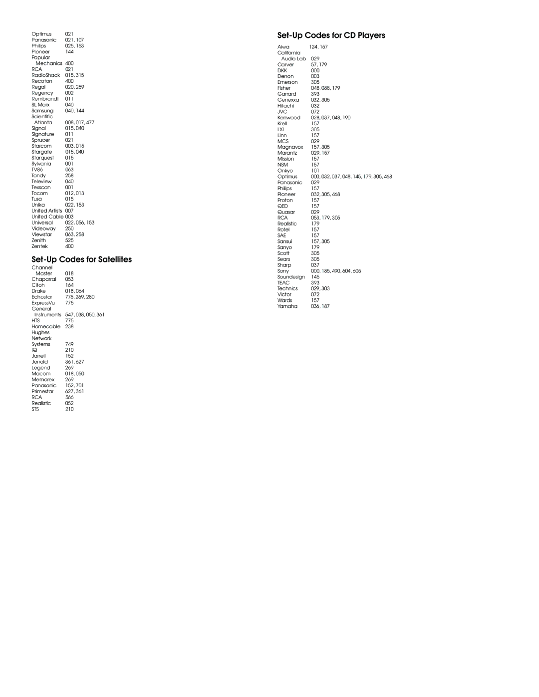 One for All URC 4063 user manual Set-Up Codes for Satellites, Set-Up Codes for CD Players 