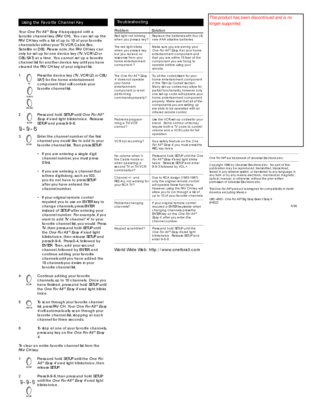 One for All URC 4063 user manual Using the Favorite Channel Key, Troubleshooting 