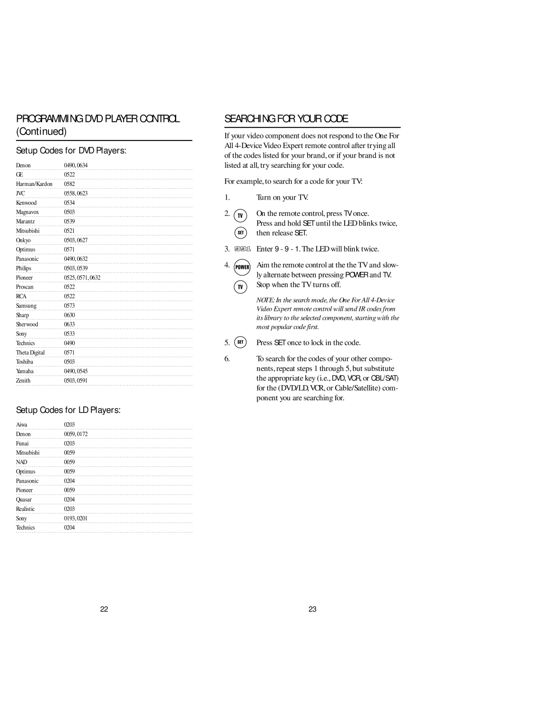 One for All URC 4080, URC 4081 manual Searching for Your Code, Setup Codes for DVD Players, Setup Codes for LD Players 