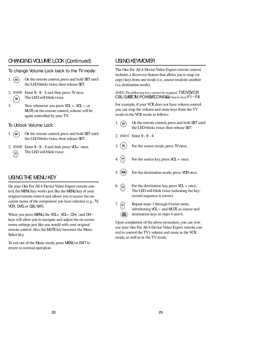 One for All URC 4081, URC 4080 manual Using the Menu KEY, Using Keymover, Changing Volume Lock, To Unlock Volume Lock 