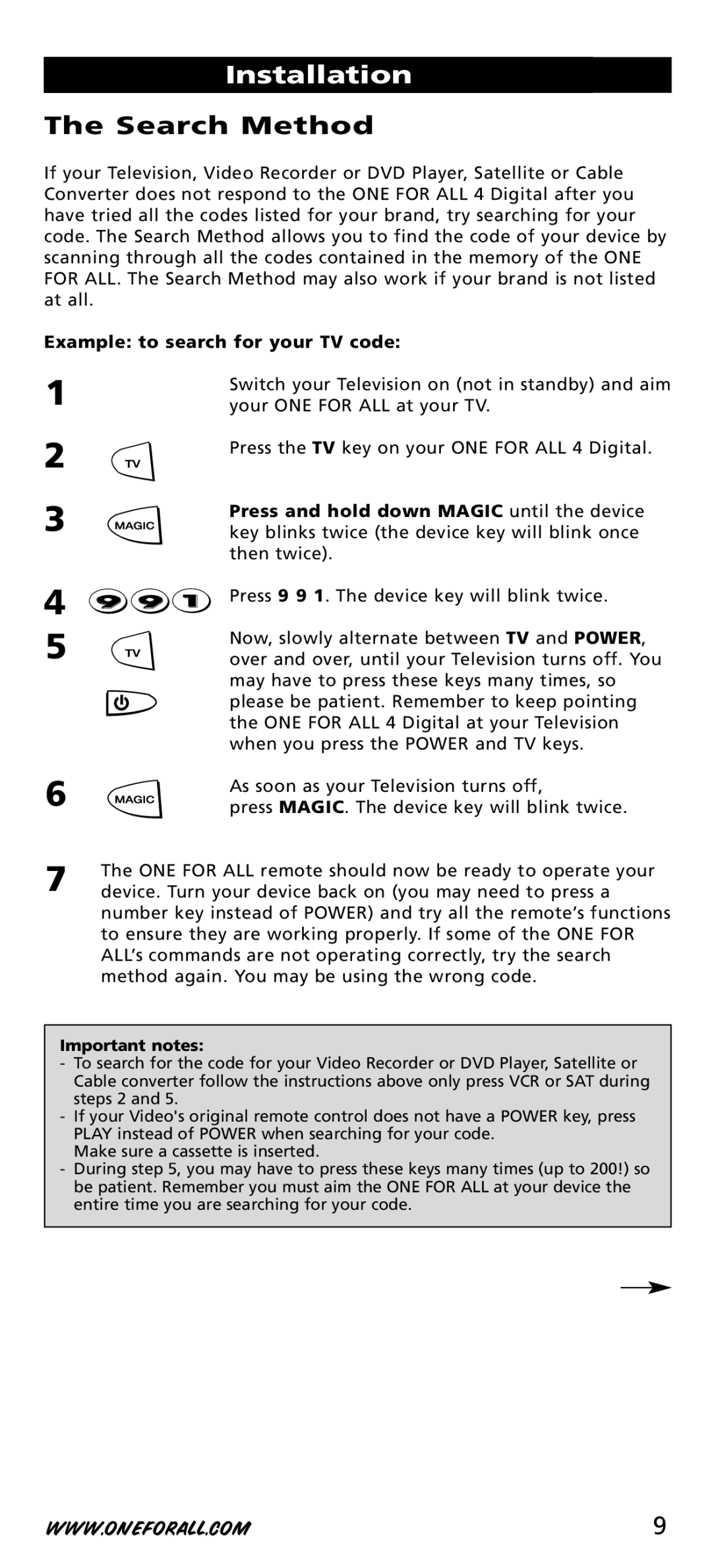 One for All URC-7544, URC-44, URC-7541 manual Search Method, Example to search for your TV code 