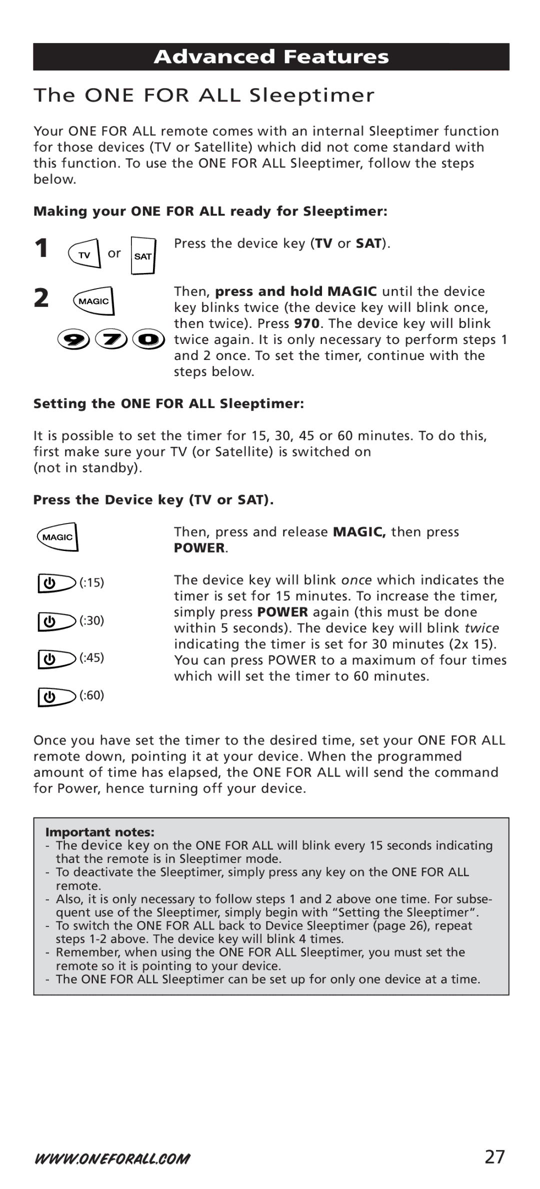 One for All URC-7544, URC-44, URC-7541 Making your ONE for ALL ready for Sleeptimer, Setting the ONE for ALL Sleeptimer 