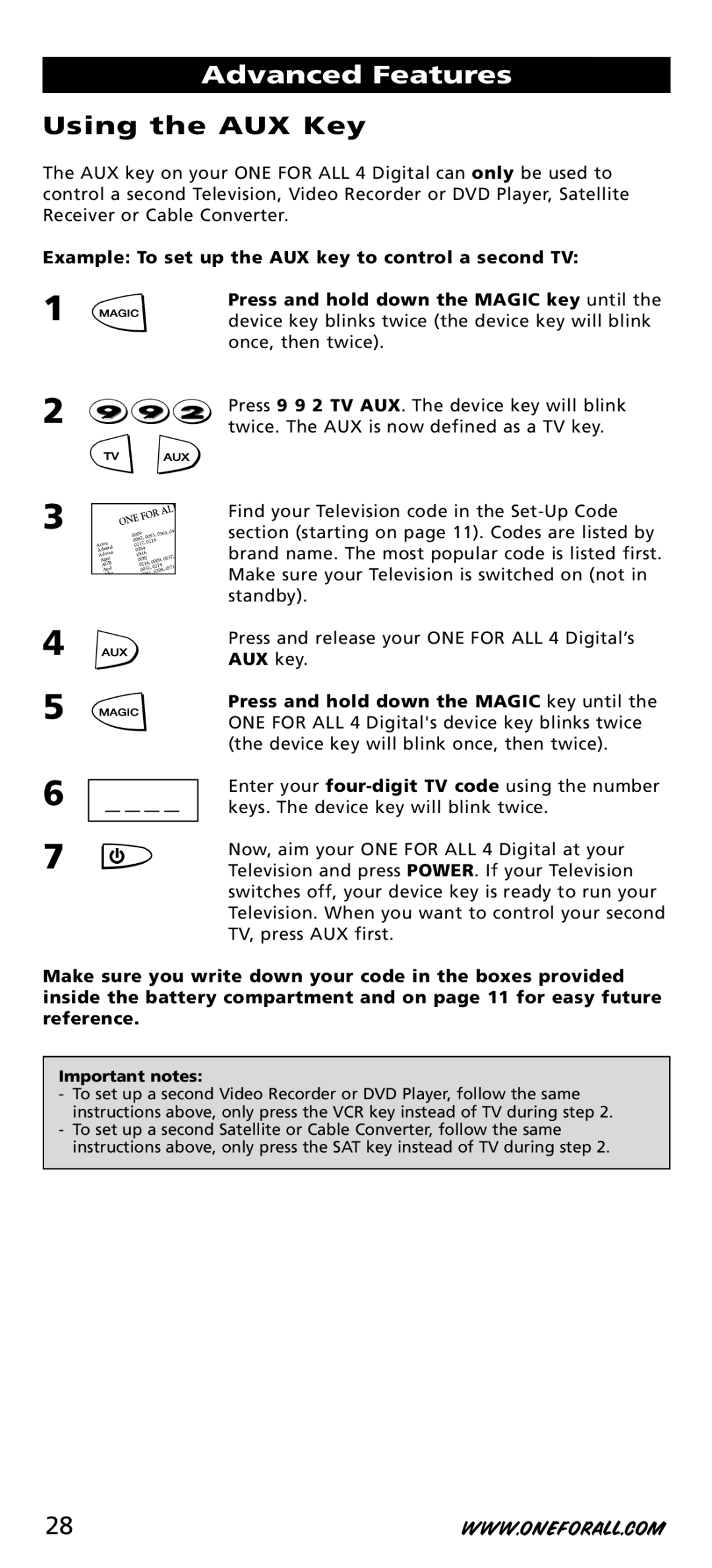 One for All URC-44, URC-7541, URC-7544 manual Using the AUX Key 