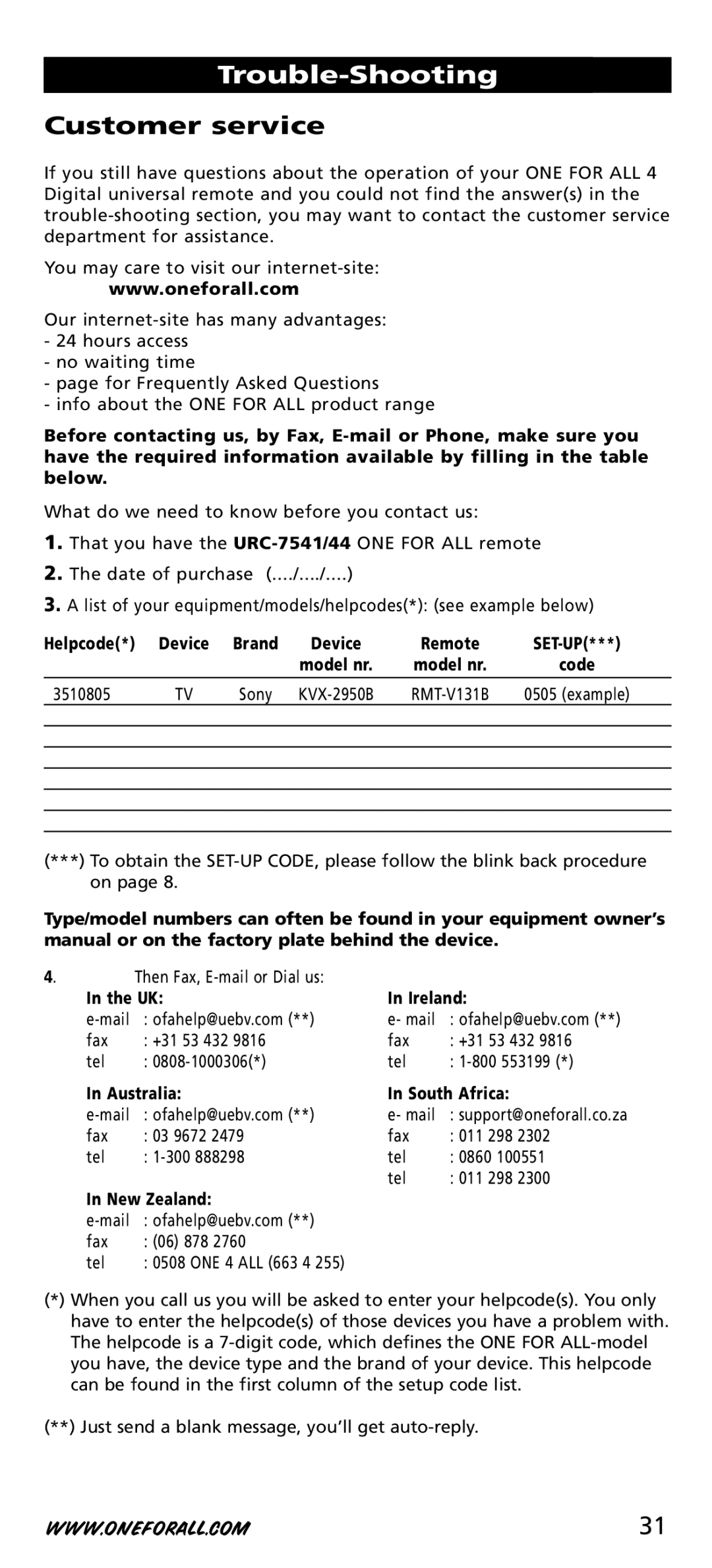 One for All URC-44, URC-7541, URC-7544 manual Customer service, 3510805, Ireland, Australia South Africa, New Zealand 