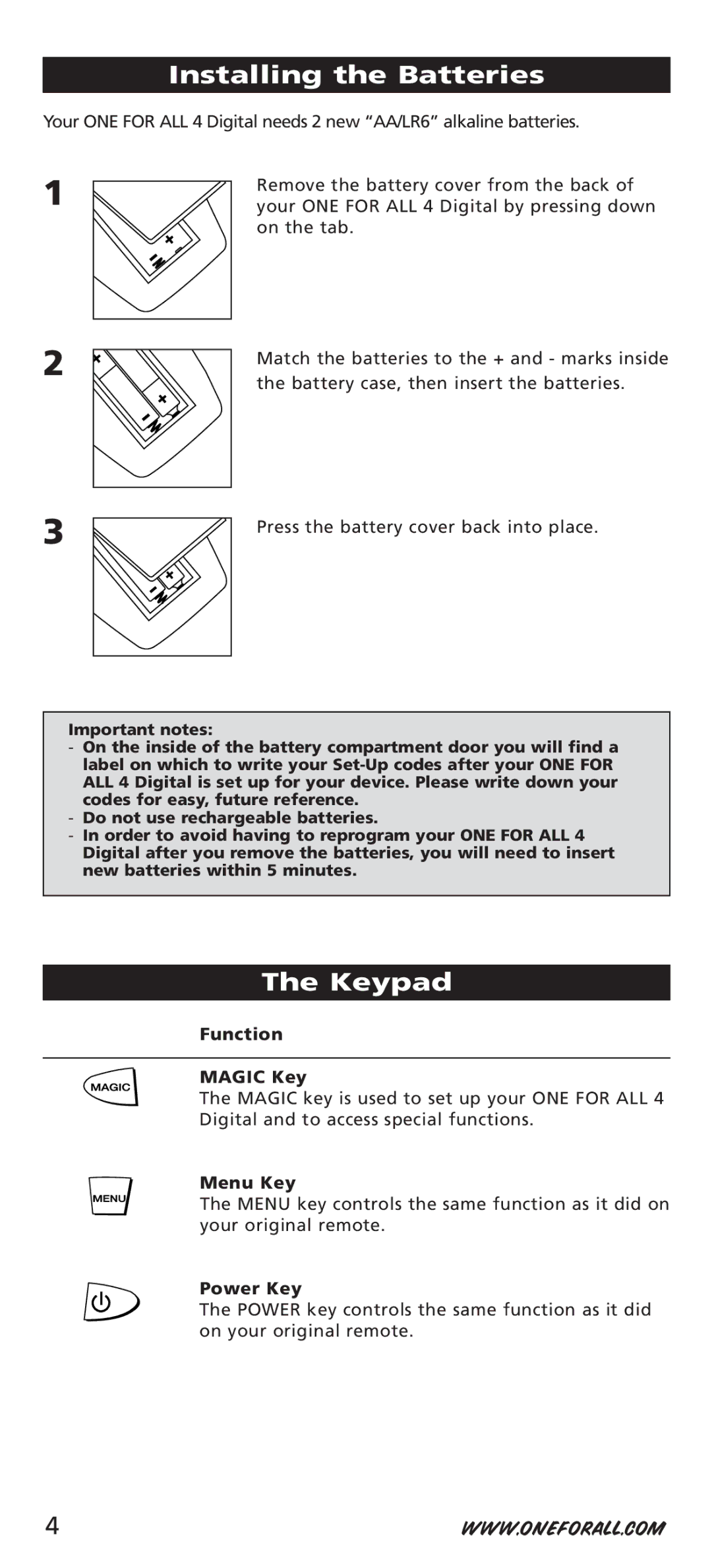 One for All URC-44, URC-7541, URC-7544 manual Installing the Batteries, Keypad, Function Magic Key, Menu Key, Power Key 