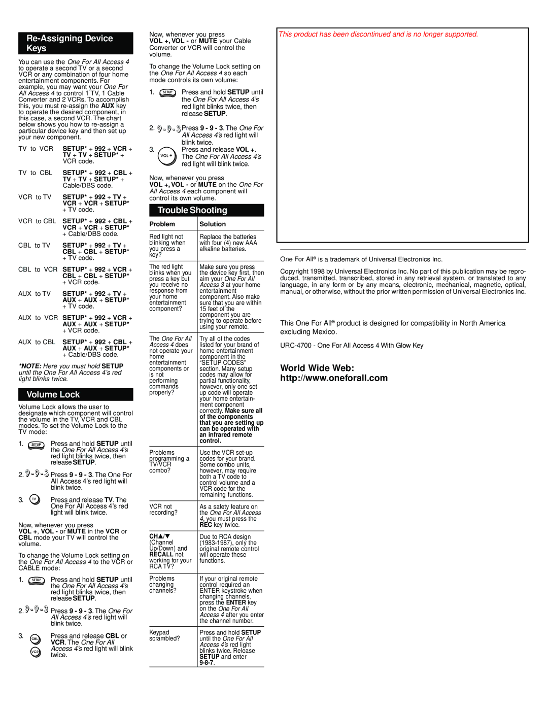 One for All URC 4700 user manual Re-Assigning Device Keys, Volume Lock, Trouble Shooting 