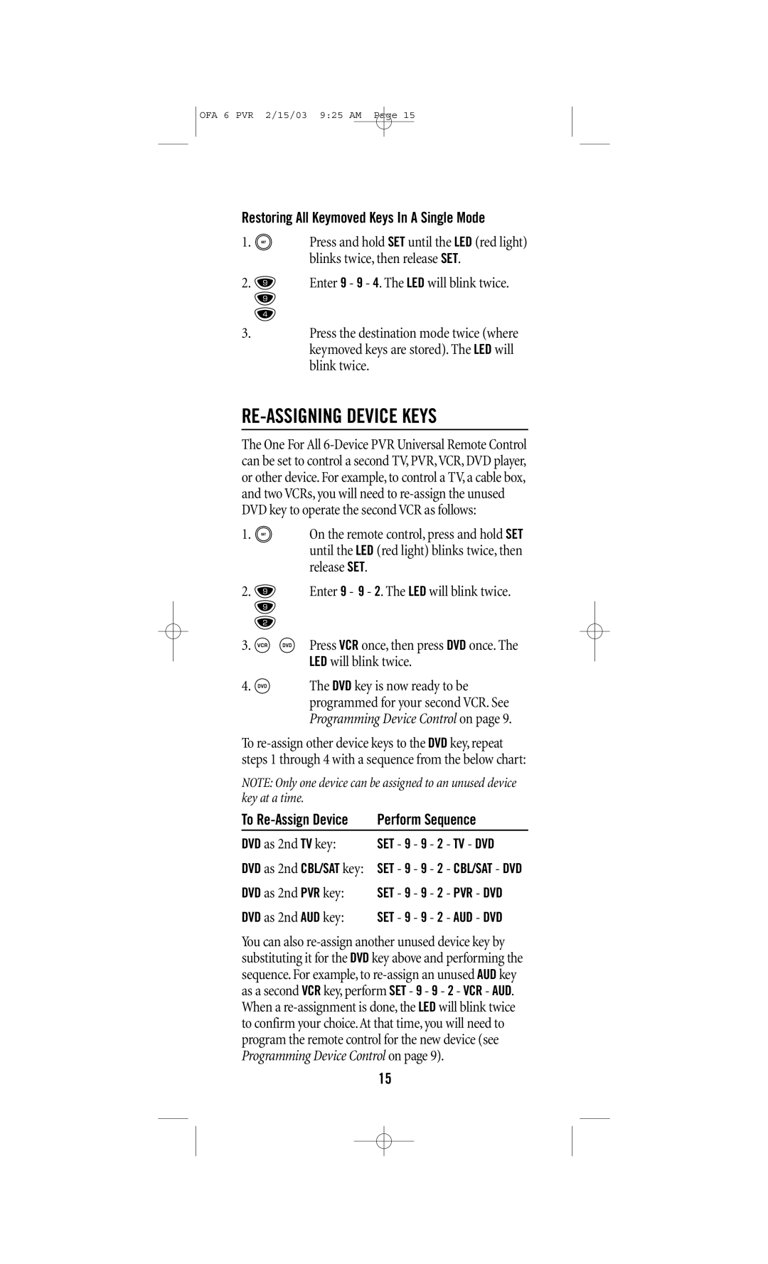 One for All URC-6131 manual RE-ASSIGNING Device Keys, Restoring All Keymoved Keys In a Single Mode 