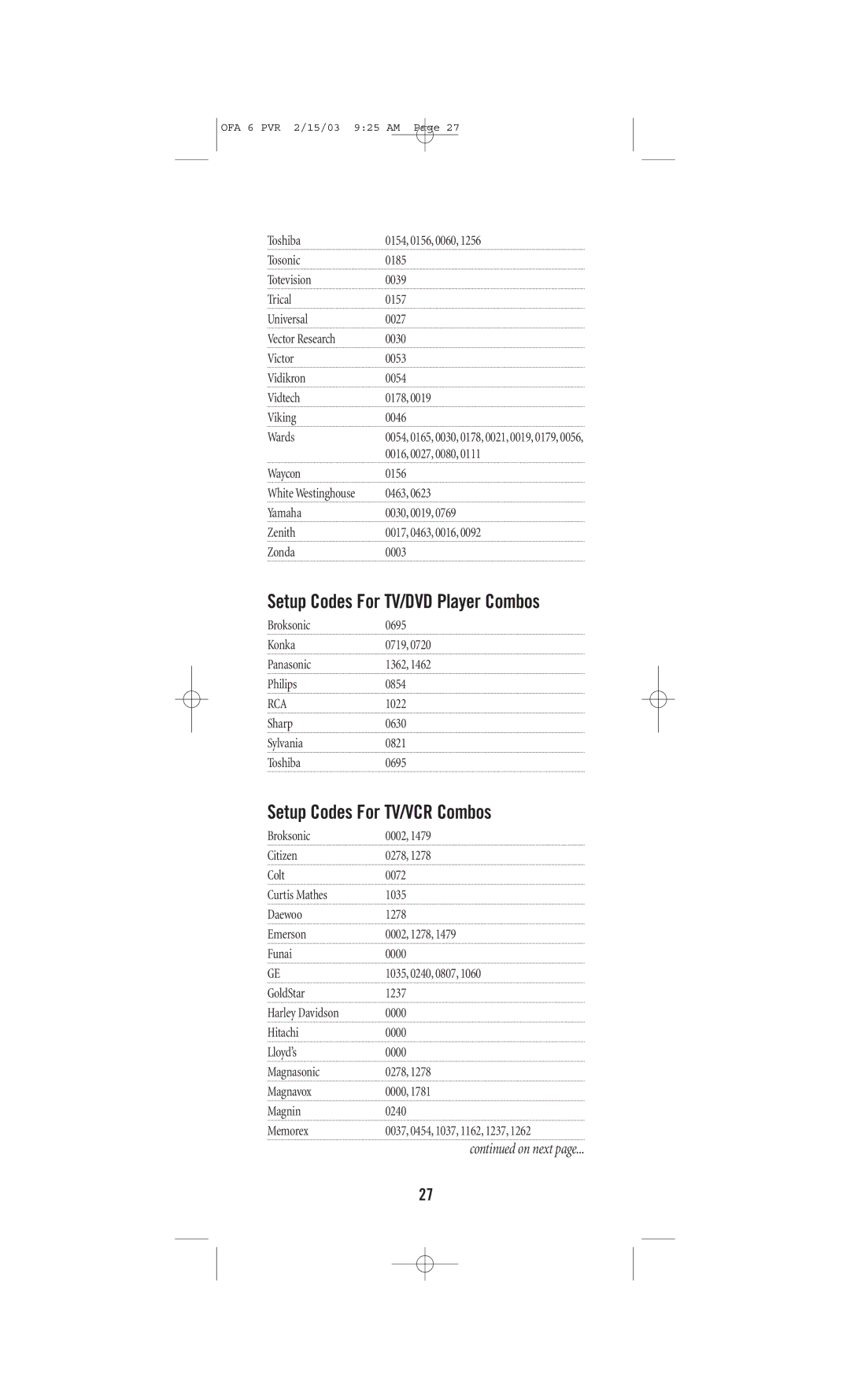 One for All URC-6131 manual Setup Codes For TV/DVD Player Combos, Setup Codes For TV/VCR Combos 