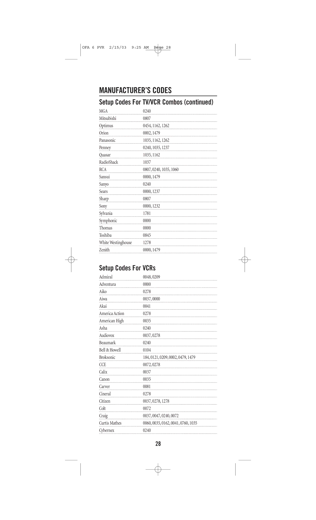 One for All URC-6131 manual Setup Codes For VCRs, Cce 