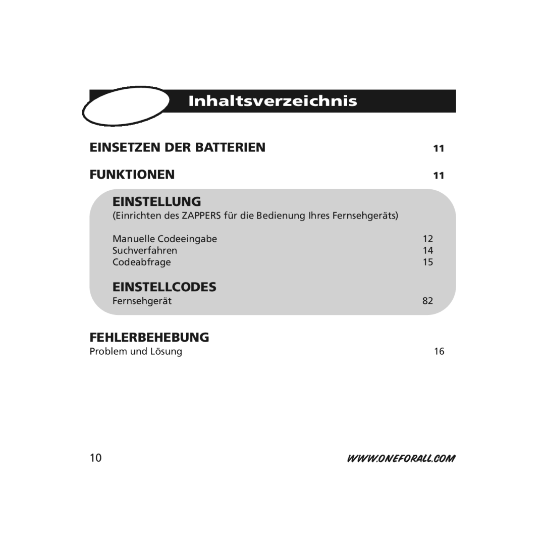 One for All URC-6211, URC-6210 instruction manual Inhaltsverzeichnis, Einsetzen DER Batterien Funktionen Einstellung 